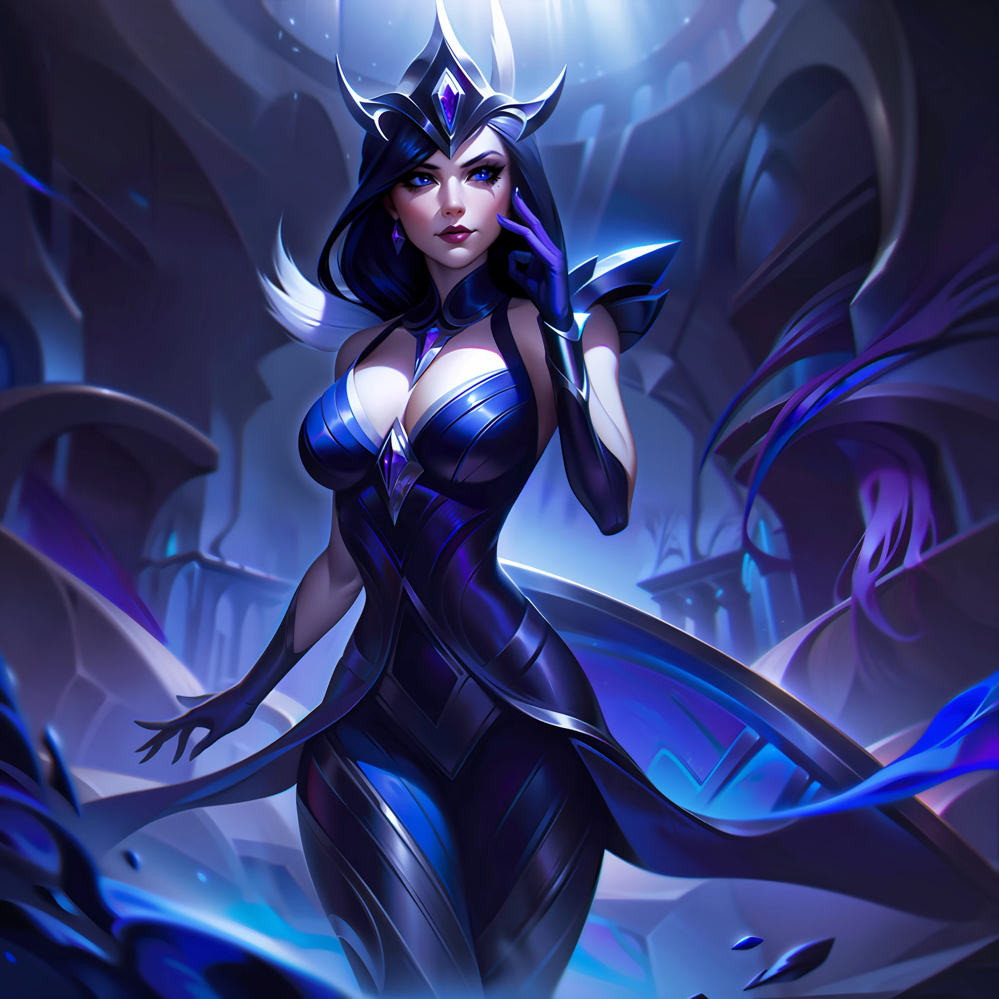 woman + sapphire + femme fatale splashart, splashart, League of Legends splashart, art, brush stroke, masterpiece, 8k, ultra detailed, HD