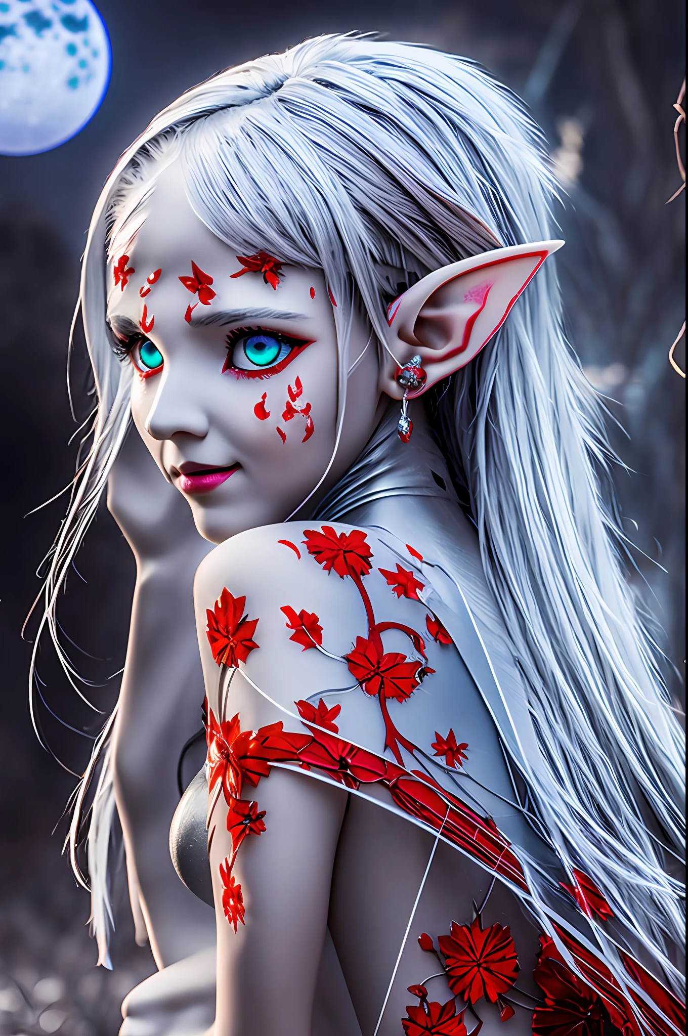 [detailed description] [best quality] elf ear, banshee fairy eyes, silver skin, blood moon in the background of the image