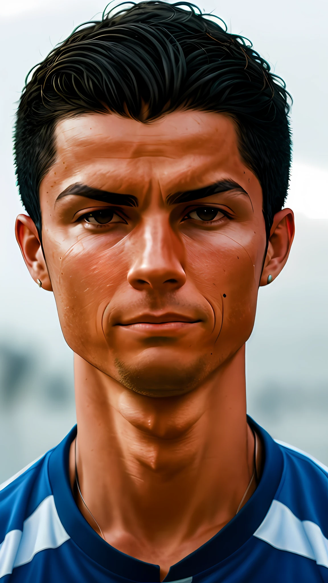 Cristiano Ronaldo in a war looking at the camera with a look of fear, sweaty