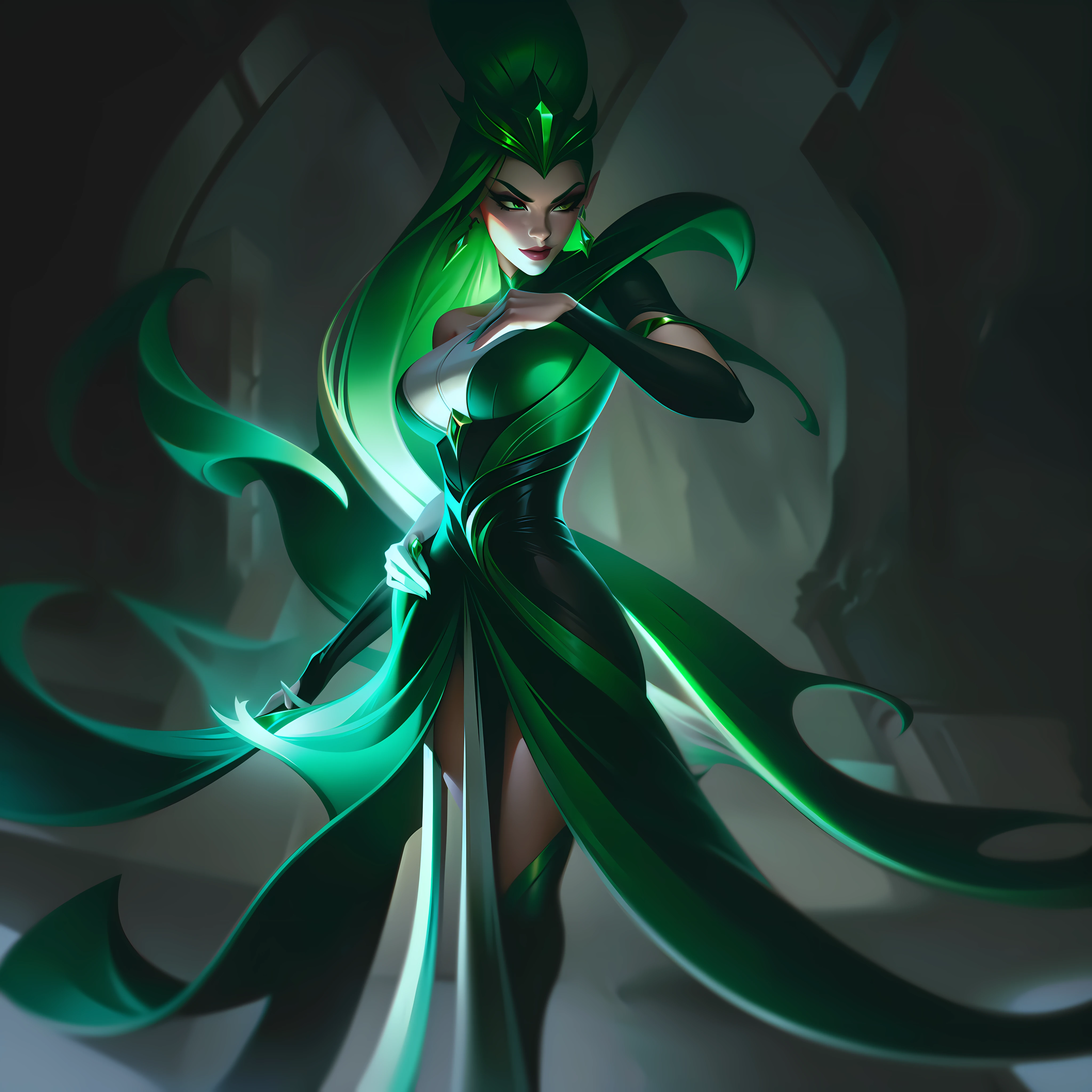 woman + emerald + femme fatale splashart, splashart, League of Legends splashart, art, brush stroke, masterpiece, 8k, ultra detailed, HD