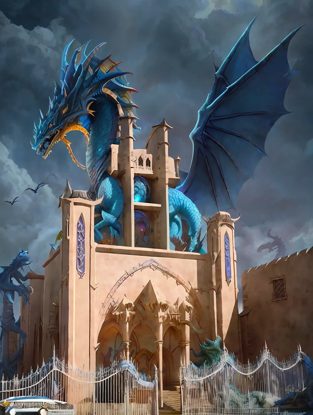 there is a large blue dragon statue on top of a building, blue dragon, dragon pope, jesus riding a dragon, a majestic gothic dragon, colorful warcraft architecture, colossal dragon in background, warcraft architecture, alien church, blue scaled dragon, i just saw a huge dragon, god of dragons, hyperrealistic d & d fantasy art, dragon art, dragon centered