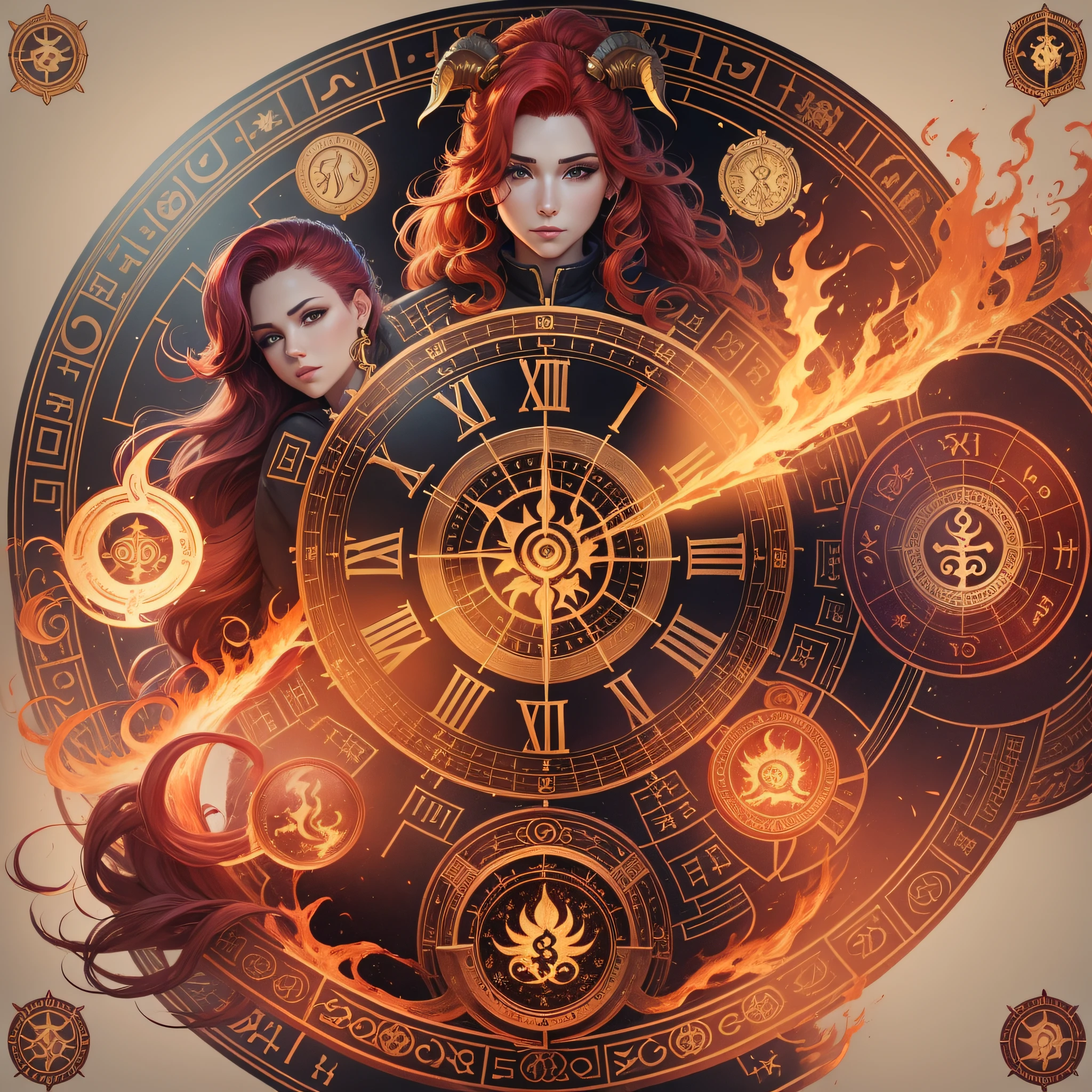 Woman zodiac Aries sign, fire hair, Aries zodiac symbol --auto --s2