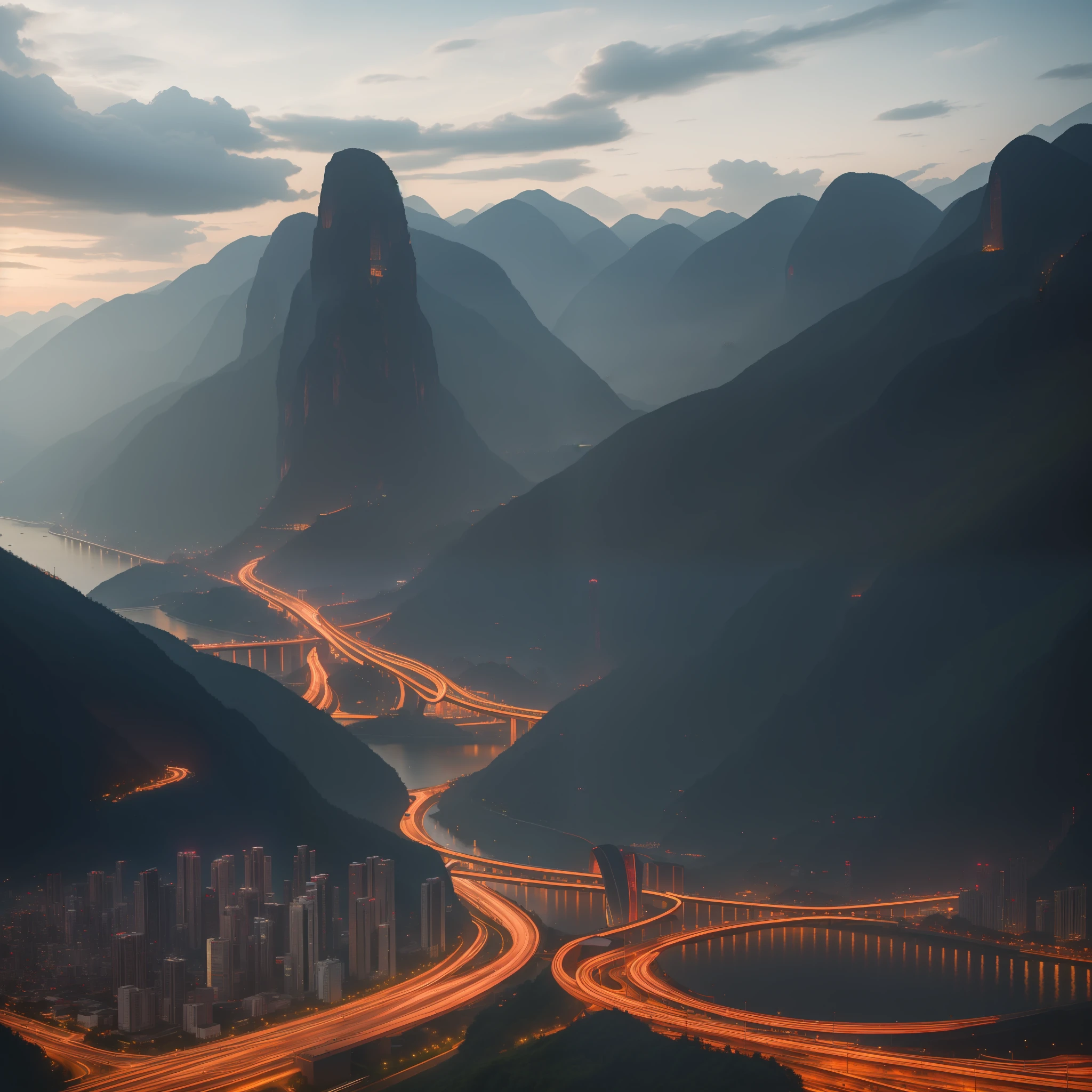 Chongqing with mountains in background, Epic, Cinematic. best quality, ultra high res, (photorealistic:1.4),, high resolution, detailed, raw photo, sharp re, by lee jeffries nikon d850 film stock photograph 4 kodak portra 400 camera f1.6 lens rich colours hyper realistic lifelike texture dramatic lighting unrealengine trending on artstation cinestill 800,