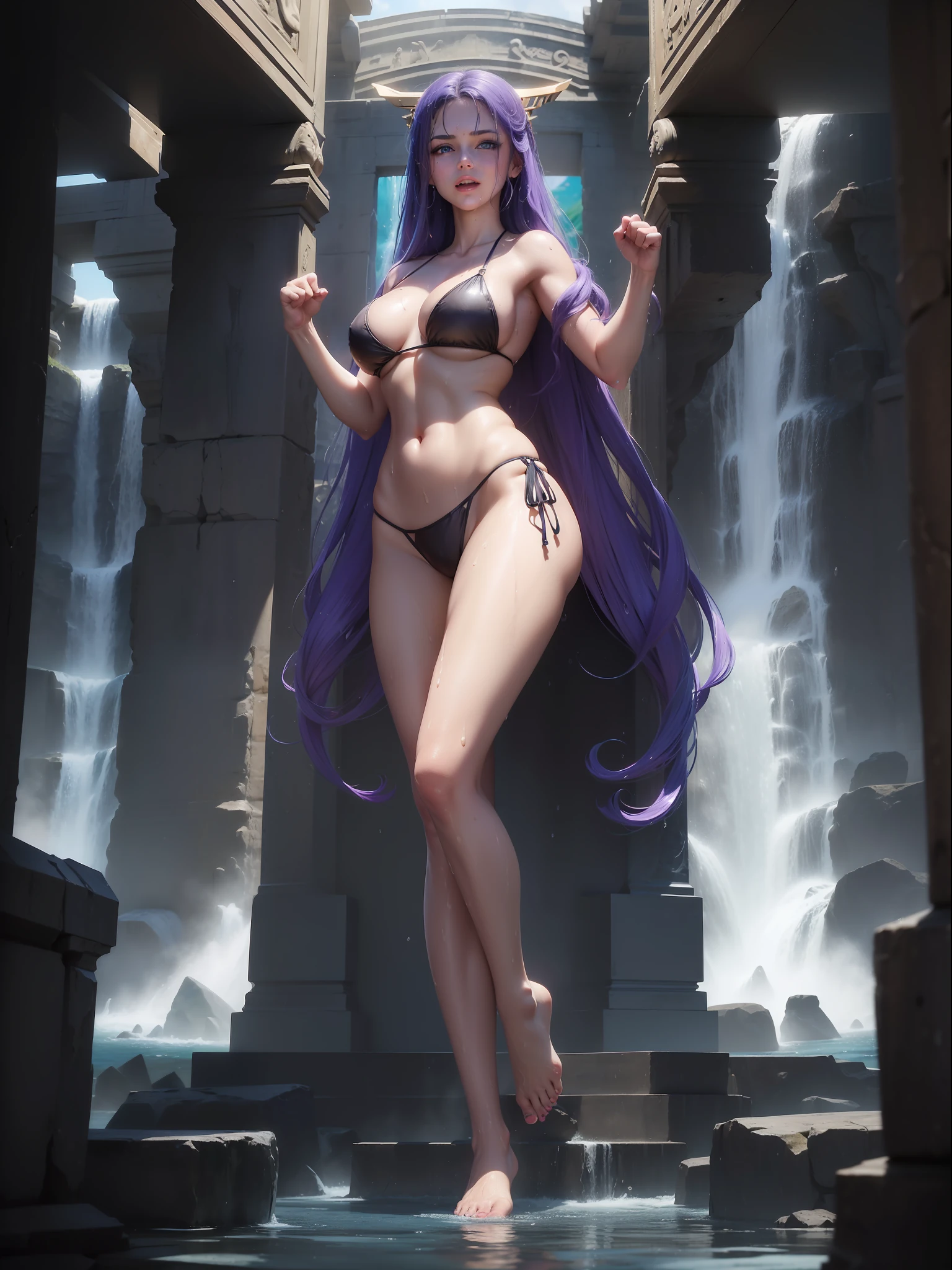 ((Full body image, feet on the ground, front view)). Samanta/woman, she has very large breasts, is wearing extremely small black/bikini, extremely exhibitionist, extremely tight on the body. ((She is in the temple of Poseidon, with an altar with the Golden Armor of Poseidon on the altar with several waterfalls around it)). ((She has very short purple hair}, blue eyes, her hair and body are very wet)). She is staring at the viewer, smiling, holding ninja weapons, clenched fists, fighting position, flushed face, anime, mortal kombat, 16k, high quality, high details, award winning, highres, textured skin, anatomically correct, masterpiece, ccurate, UHD