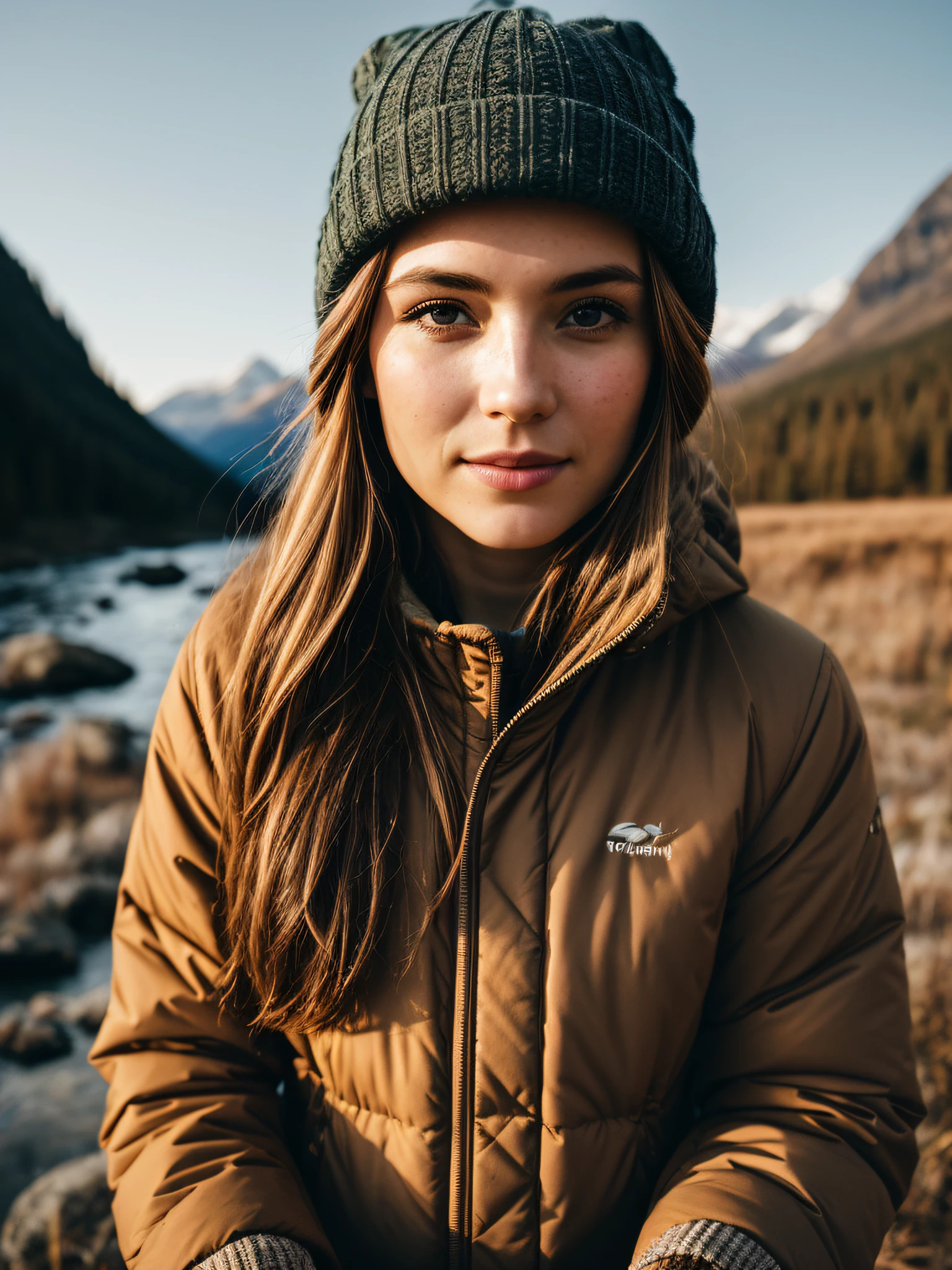 1 woman((upper body selfie, happy)), masterpiece, best quality, ultra-detailed, solo, outdoors, (night), mountains, nature, (stars, moon) cheerful, happy, backpack, sleeping bag, camping stove, water bottle, mountain boots, gloves, sweater, hat, flashlight, forest, rocks, river, wood, smoke, shadows, contrast, clear sky, analog style (look at viewer:1.2) (skin texture) (film grain:1.3), (warm hue, warm tone) :1.2), close up, cinematic light, sidelighting, ultra high res, best shadow, RAW, upper body, old man, wearing pullover