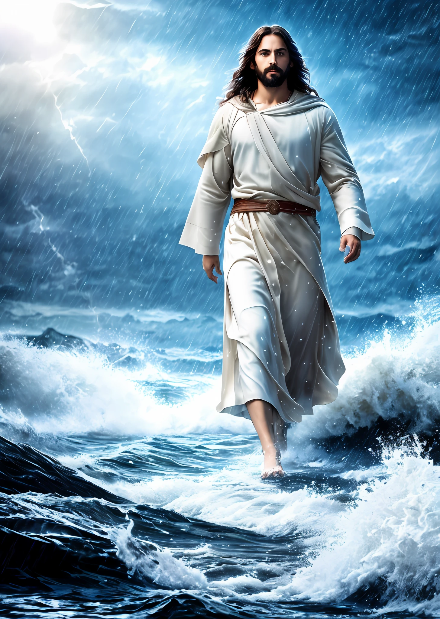 Jesus walking on water in a storm, gentle expression, streaks of light coming down from the sky, masterpiece, highest quality, high quality, highly detailed CG unit 8k wallpaper, award-winning photos, bokeh, depth of field, HDR, bloom, chromatic aberration, realistic, very detailed, trending at artstation, trending at CGsociety, complex, high detail, dramatic, mid-journey art, volumetric lighting