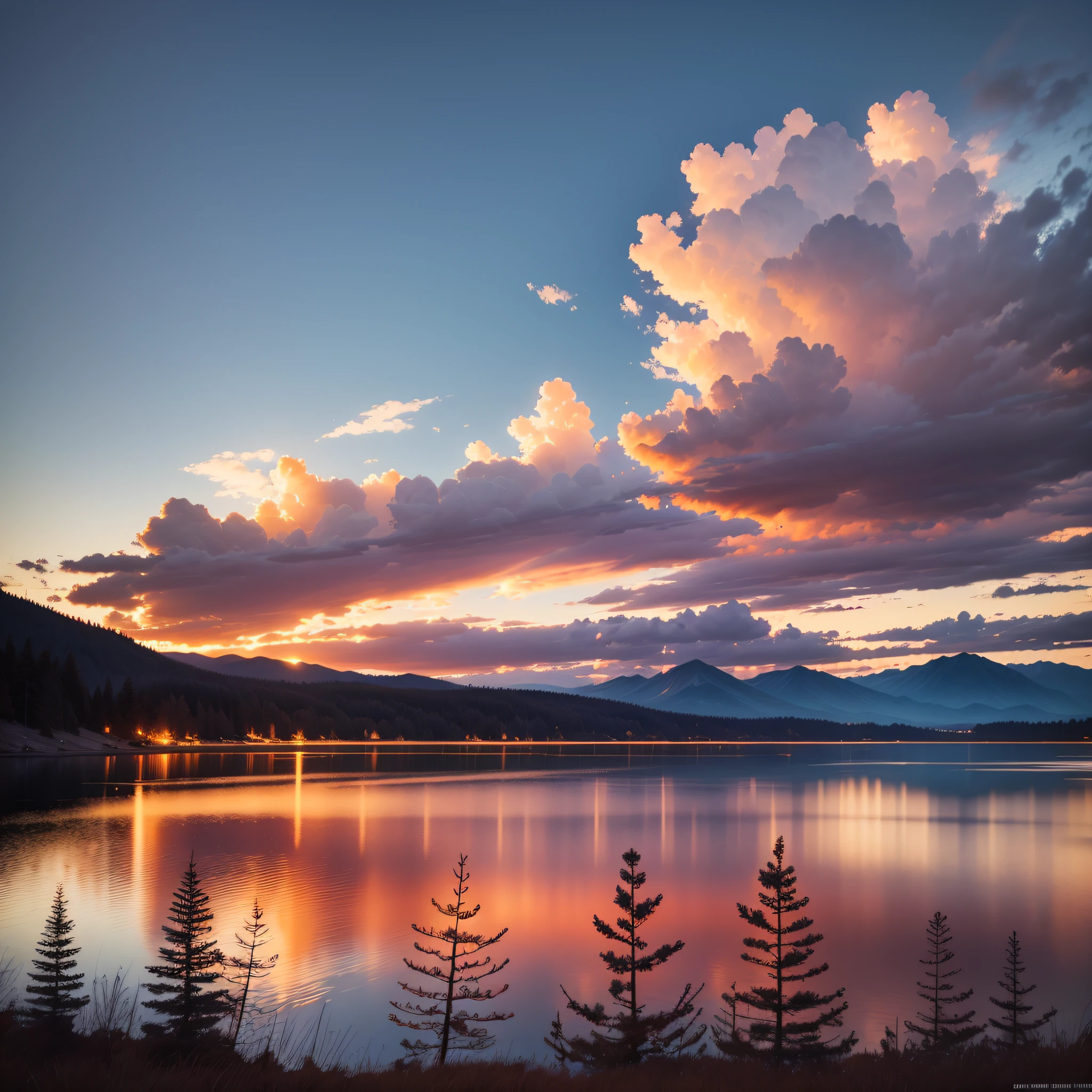 Capture the serene beauty of a mountain lake at dawn. The sky above is tinged with soft hues of pink and orange, reflecting on the calm surface of the lake. Silhouettes of tall pines can be seen along the lake's edge, adding depth and interest to the scene. In the background, the gentle silhouette of a mountain can be seen against the brightening sky. The image should convey a sense of peace, tranquility, and awe for natural beauty. Use a Nikon D850 DSLR camera with a 24-70mm f/2.8 lens. The resolution should be 45.7 megapixels, ISO sensitivity: 64, Shutter speed 1/60 second. The lighting should be natural, with the rising sun providing a soft, warm glow. The colors should be vibrant yet soothing, with a focus on the pink and orange hues of the sunrise. The composition should be wide-angle, capturing the vastness of the scene. --ar 16:9 --v 5.1 --style raw --q 2 --s 750 --auto --s2