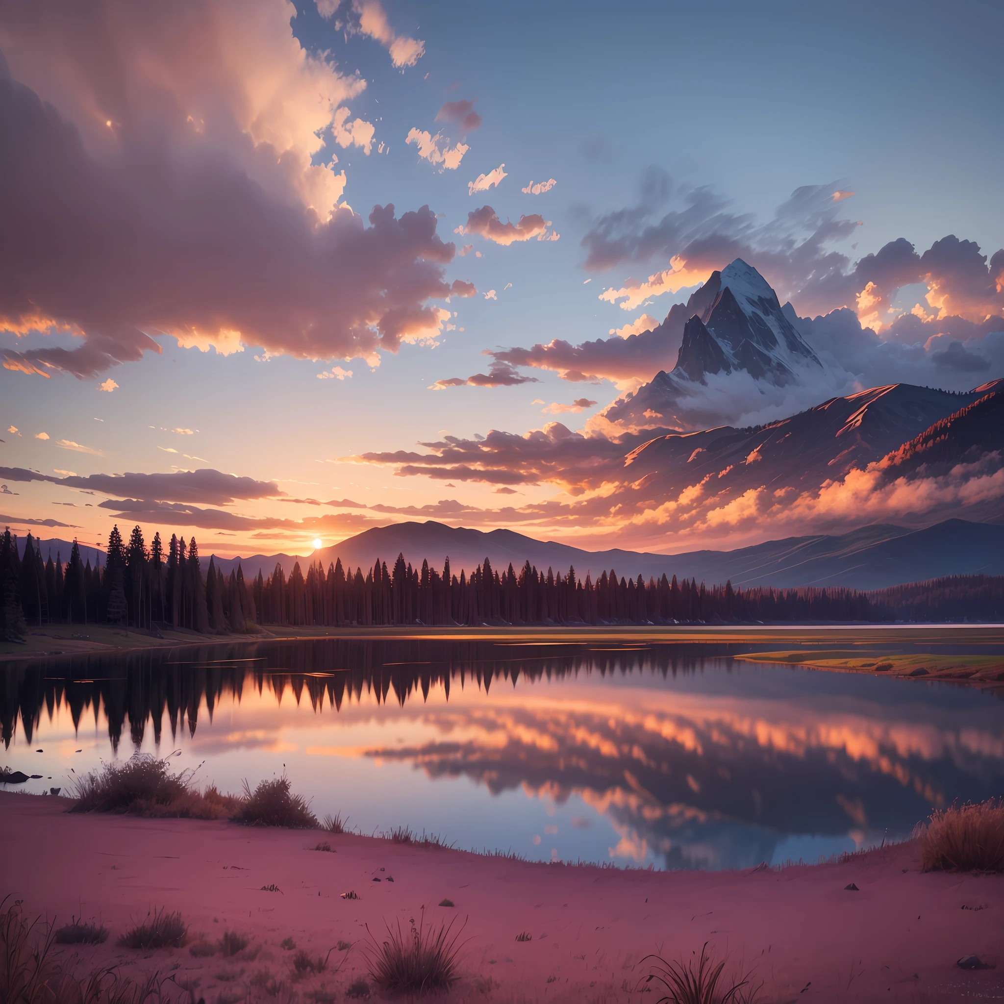 Capture the serene beauty of a mountain lake at dawn. The sky above is tinged with soft hues of pink and orange, reflecting on the calm surface of the lake. Silhouettes of tall pines can be seen along the lake's edge, adding depth and interest to the scene. In the background, the gentle silhouette of a mountain can be seen against the brightening sky. The image should convey a sense of peace, tranquility, and awe for natural beauty. Use a Nikon D850 DSLR camera with a 24-70mm f/2.8 lens. The resolution should be 45.7 megapixels, ISO sensitivity: 64, Shutter speed 1/60 second. The lighting should be natural, with the rising sun providing a soft, warm glow. The colors should be vibrant yet soothing, with a focus on the pink and orange hues of the sunrise. The composition should be wide-angle, capturing the vastness of the scene. --ar 16:9 --v 5.1 --style raw --q 2 --s 750 --auto --s2