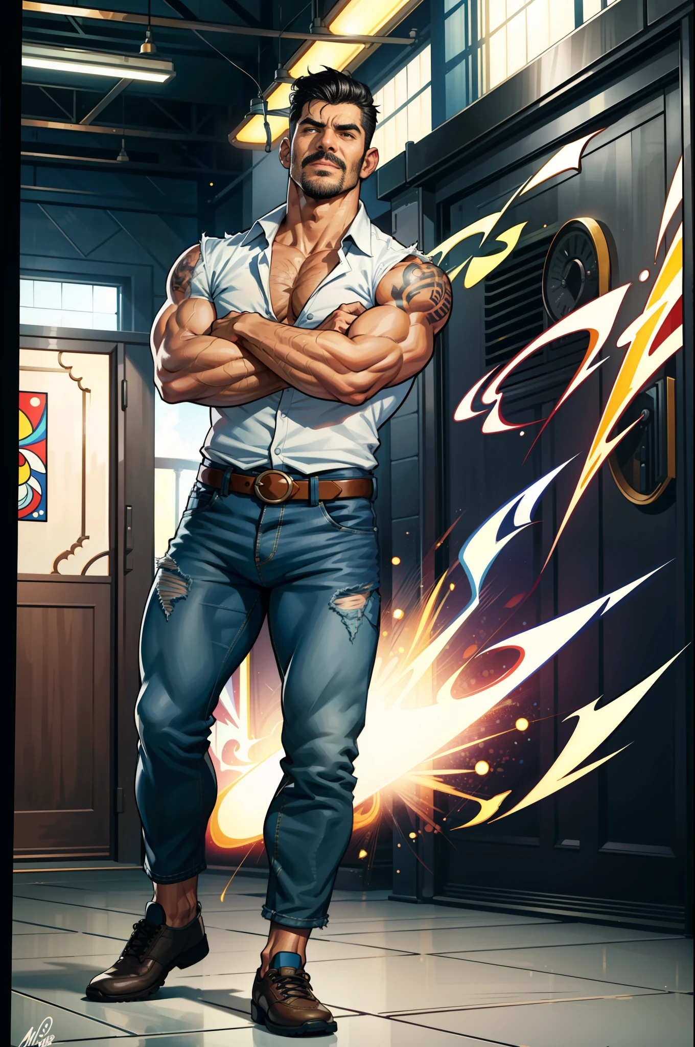 (original-art:1.2),(lineart:1.33), 1male, black hair, 1950s greaser, mature masculine muscular, handsome chisled facial features, muscular hairy body, 70s mustache, unbuttoned ripped white shirt, open shirt, un-zipped jeans, huge crotch bulge, sexy, hot, jock, erotic, (hyperdefined),(inked-art), hero-angle, masculine stance, erotica, full body shot, cartoon, indoor, dramatic lighting, sidelighting,complex lighting,(full vibrant colors),hatched-texture,(fine-details:1.2),absurdres,flat-colors,ultradetailed, city street,