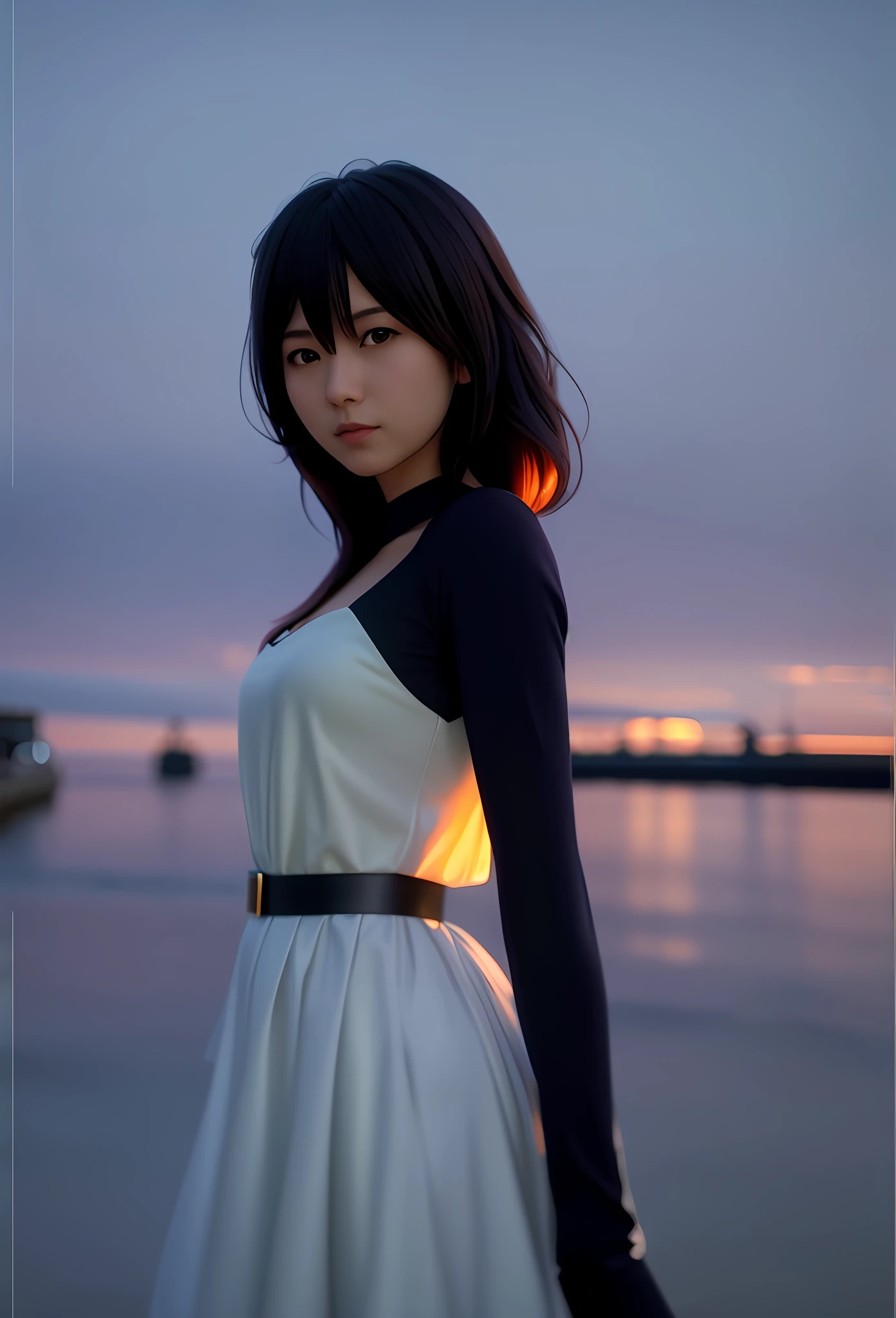 There is Makoto Shinkai, a woman in a dress standing by the water. Digital Rendering, Smooth Anime CG Art, Makoto Shinkai and ArtGerm, Photorealistic Anime Girl Rendering Made by Anime Painter Studio, Gorgeous Digital Painting, Gwise Style Artwork, Drawn by Anime Painter Studio, April Rendering, Soft Digital Painting (Best Quality: 1.4), ( Ultra High Resolution: 1.2), (Photorealistic: 1.4), (8k, RAW Photos: 1.2), (Natural Light)