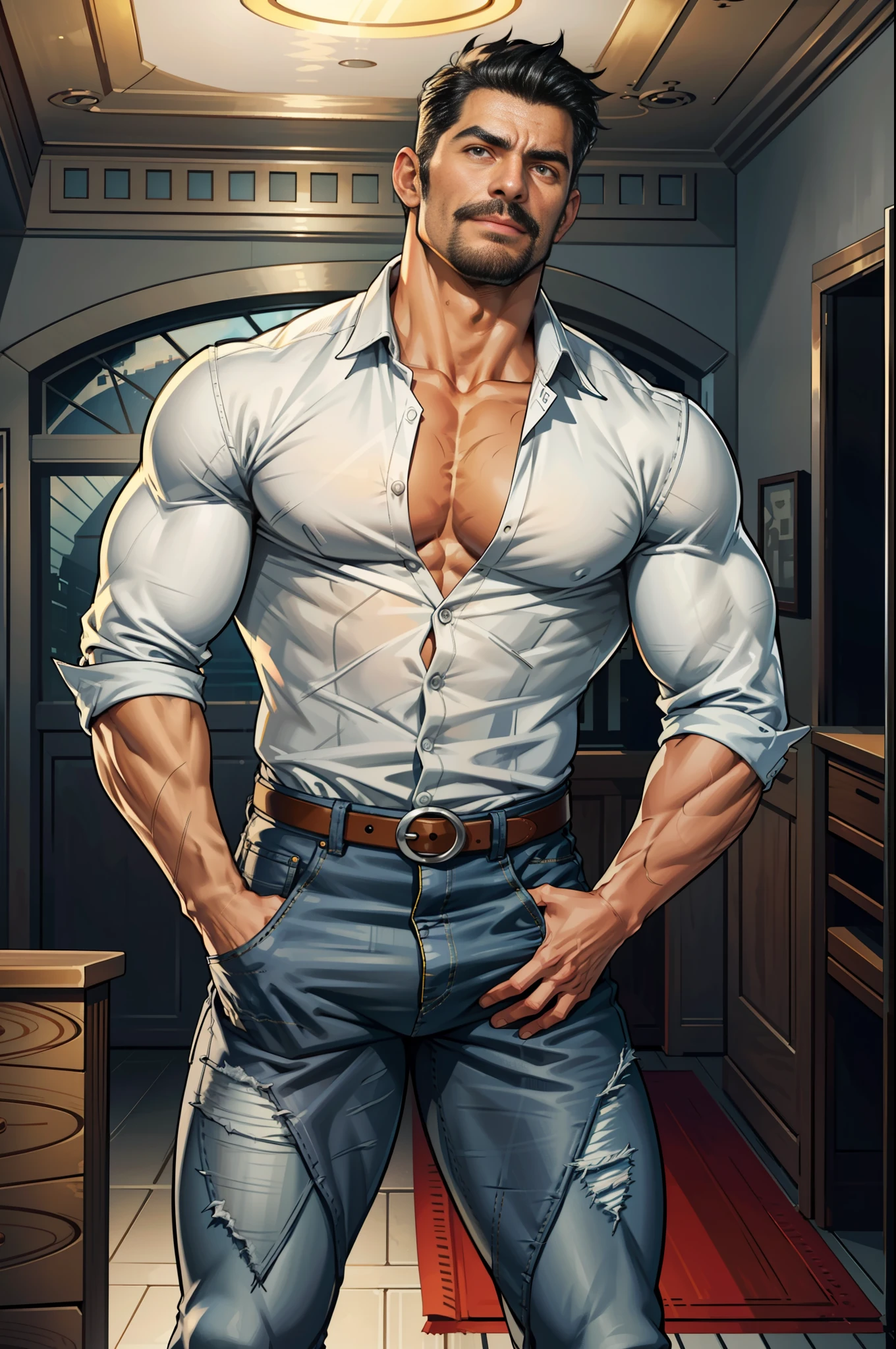 (original-art:1.2),(lineart:1.33), 1male, black hair, 1950s greaser, mature masculine muscular, handsome chisled facial features, muscular hairy body, 70s mustache, unbuttoned ripped white shirt, unzipped jeans, opened pants, pubic hair, huge crotch bulge, sexy, hot, jock, erotic, (hyperdefined),(inked-art), hero-angle, masculine stance, erotica, full body shot, cartoon, indoor, dramatic lighting, sidelighting,complex lighting,(full vibrant colors),hatched-texture,(fine-details:1.2),absurdres,flat-colors,ultradetailed, city street,