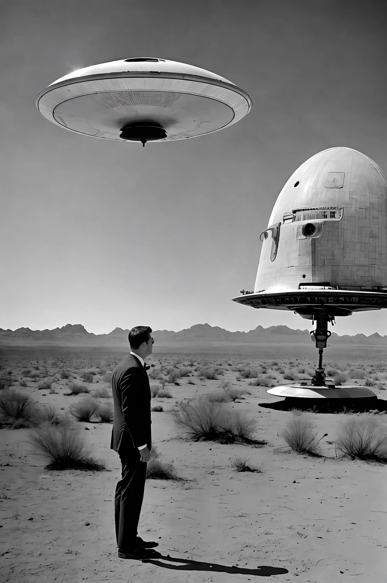 photo of a man in a suit looking at an alien ship, UFO, 1870s, he is in the middle of the desert, photorealistic, (Lomography Lady Grey)