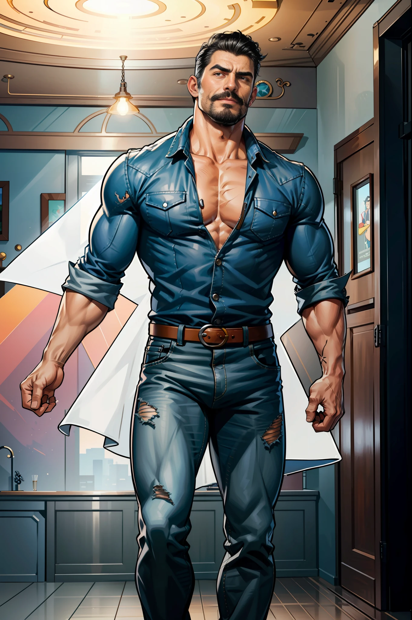 (original-art:1.2),(lineart:1.33), 1male, black hair, 1950s greaser, mature masculine muscular, handsome chisled facial features, muscular hairy body, 70s mustache, unbuttoned ripped white shirt, unzipped jeans, opened pants, pubic hair, huge crotch bulge, sexy, hot, jock, erotic, (hyperdefined),(inked-art), hero-angle, masculine stance, erotica, full body shot, cartoon, indoor, dramatic lighting, sidelighting,complex lighting,(full vibrant colors),hatched-texture,(fine-details:1.2),absurdres,flat-colors,ultradetailed, city street,