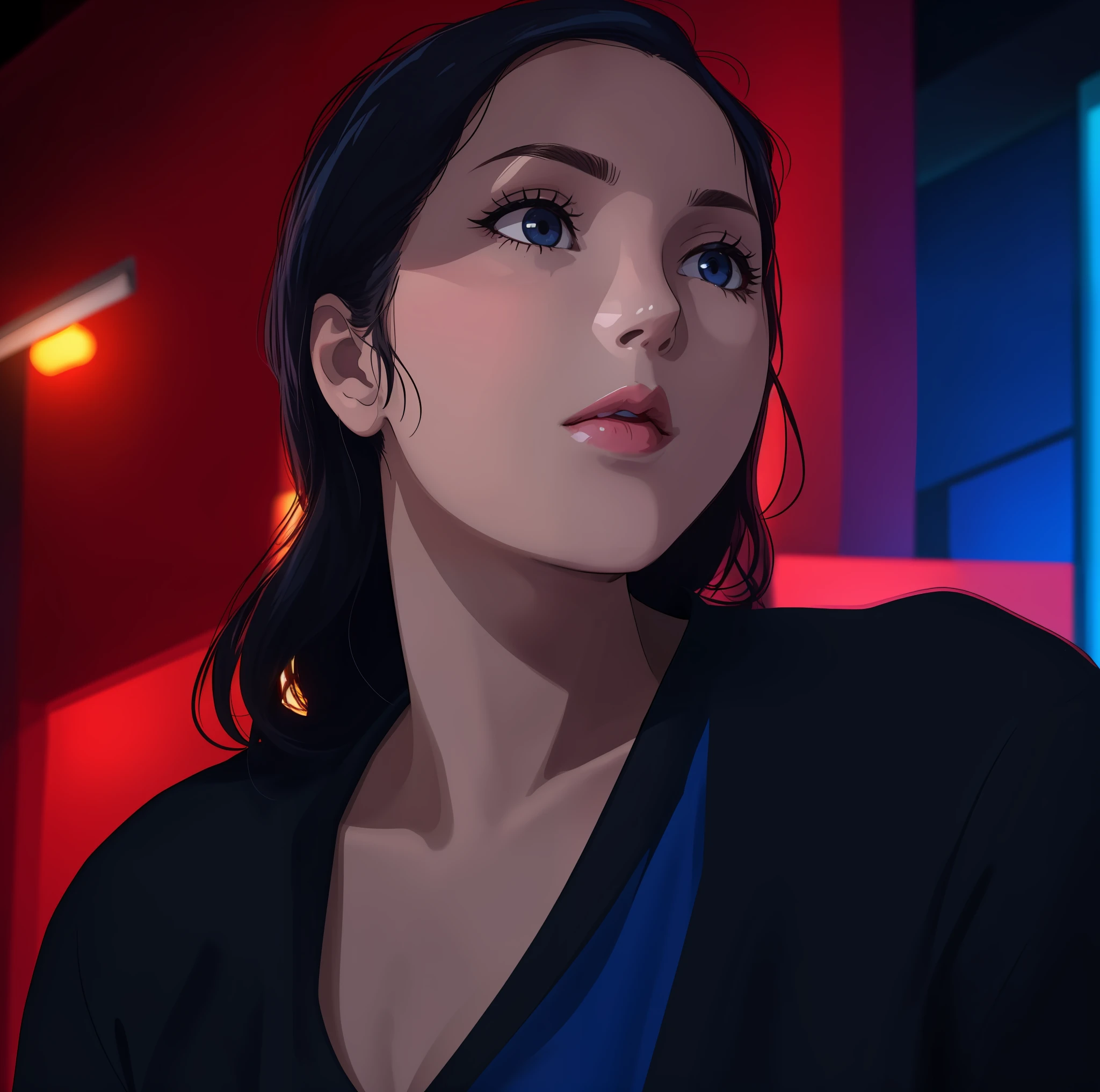 there is a woman with a blue shirt and a black shirt, looking to the side off camera, looking away from camera, pouty lips, looking away from the camera, halfbody headshot, profile image, closeup headshot, profile shot, woman's face looking off camera, selfie of a young woman, half portrait, headshot profile picture, looking defiantly at the camera, ambient lights, well lit, good lighting, busy street, city lights, bright day, closed mouth, thick lips