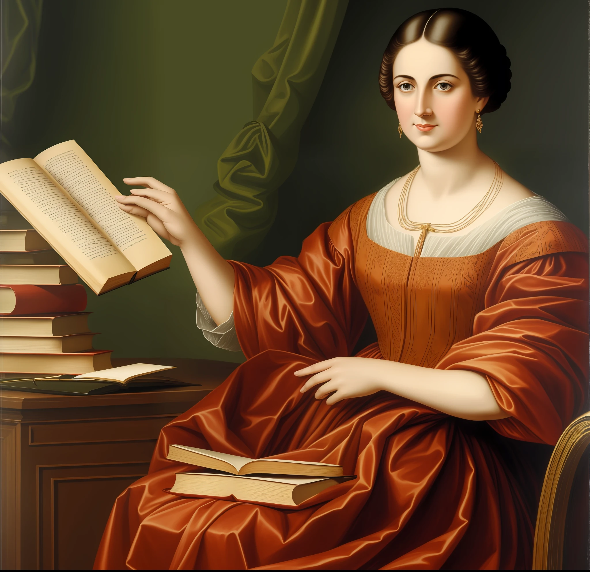 best quality, masterpiece, high resolution, The image can present a strong and determined woman, representing Júlia Lopes de Almeida, the author of the book. She may be in a confident pose, holding a book in her hands. Around it, elements can be added that represent the visibility of women in Brazilian literature, such as other literary works written by women or inspiring female figures of the time.