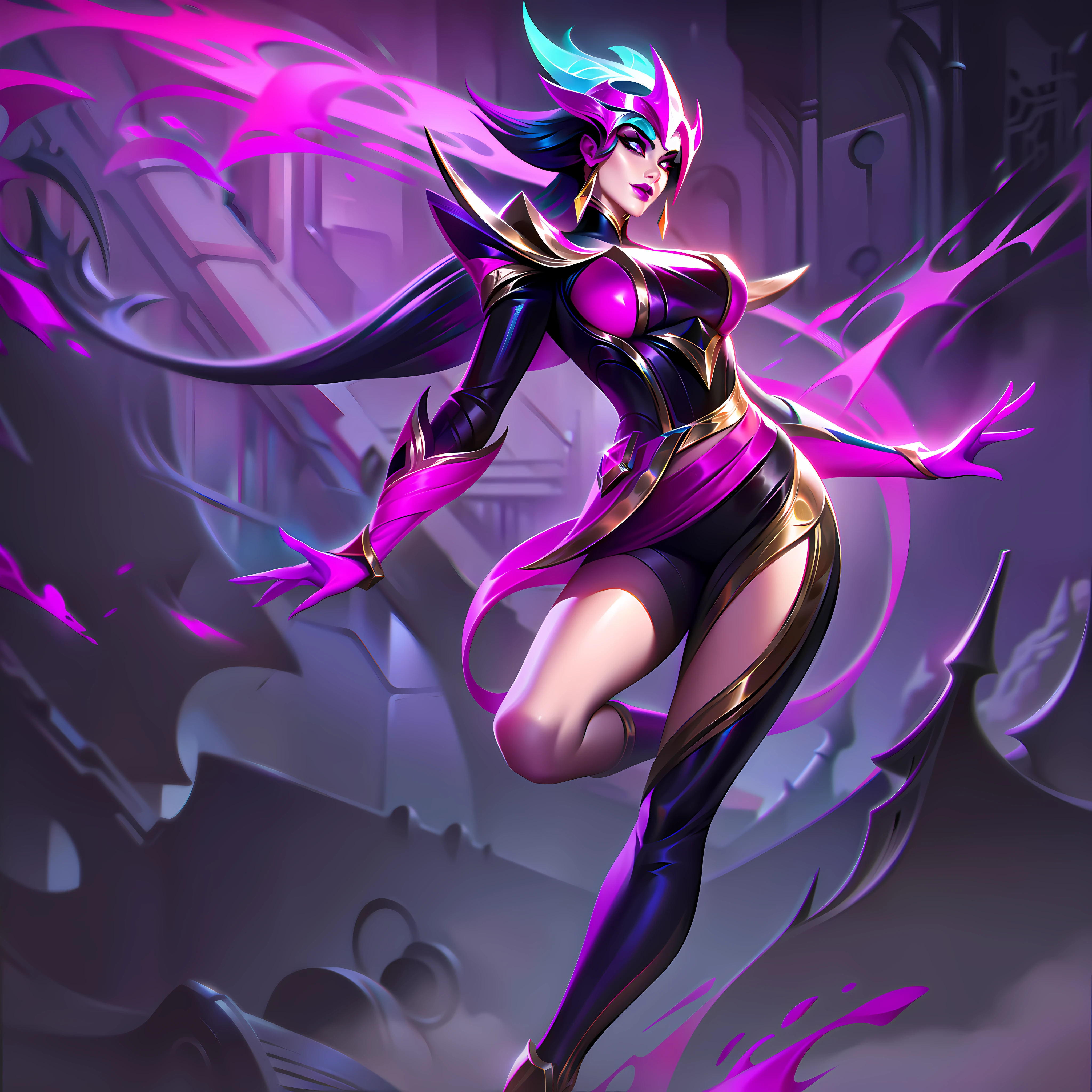 mulher + metallic accents + hot pink + elegant + fashion + sexiest splashart, splashart, splashart de League of Legends, arte, pincelada, obra-prima, 8k, ultra detalhado, HD