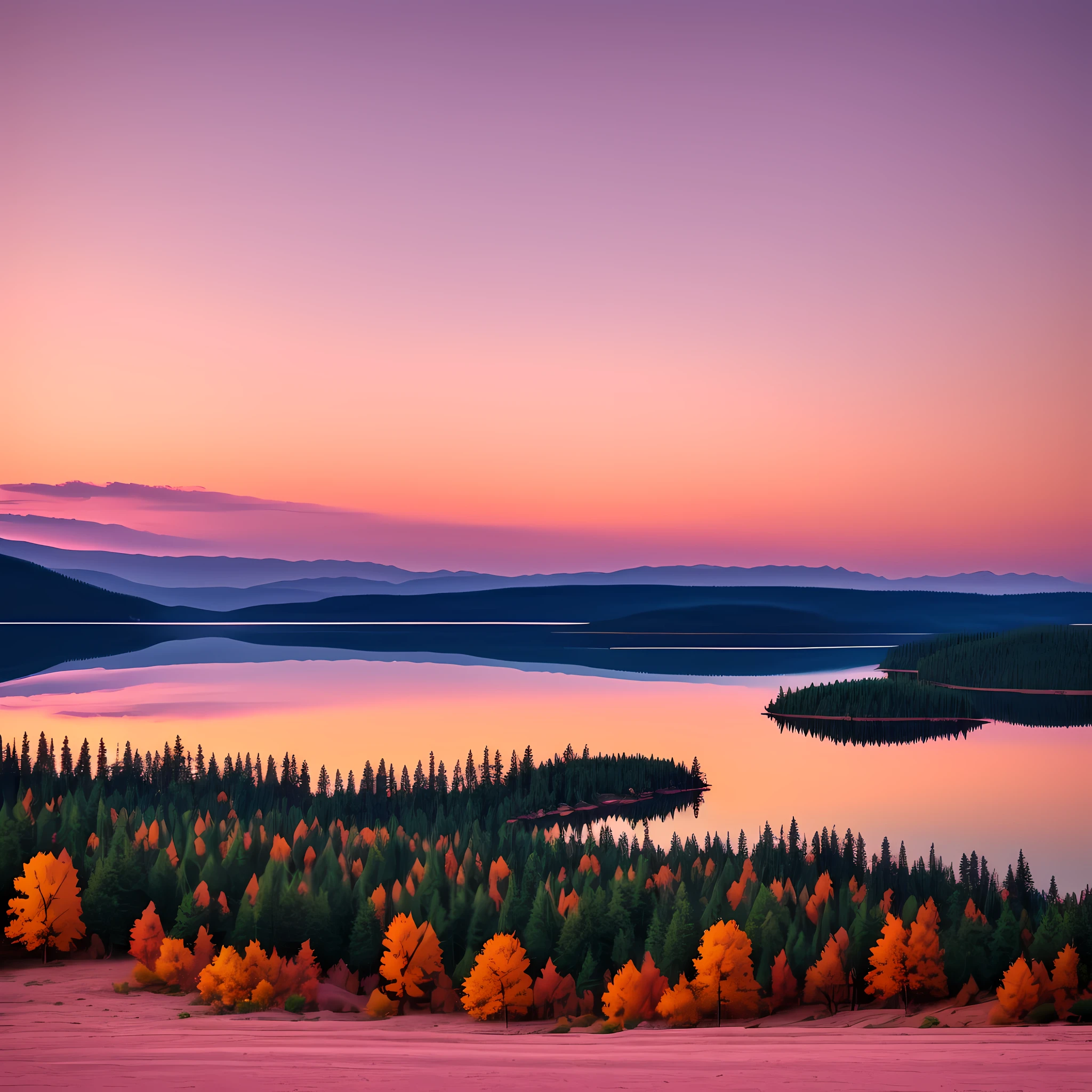 Capture the serene beauty of a mountain lake at dawn. The sky above is tinged with soft hues of pink and orange, reflecting on the calm surface of the lake. Silhouettes of tall pines can be seen along the lake's edge, adding depth and interest to the scene. In the background, the gentle silhouette of a mountain can be seen against the brightening sky. The image should convey a sense of peace, tranquility, and awe for natural beauty. Use a Nikon D850 DSLR camera with a 24-70mm f/2.8 lens. The resolution should be 45.7 megapixels, ISO sensitivity: 64, Shutter speed 1/60 second. The lighting should be natural, with the rising sun providing a soft, warm glow. The colors should be vibrant yet soothing, with a focus on the pink and orange hues of the sunrise. The composition should be wide-angle, capturing the vastness of the scene. --ar 16:9 --v 5.1 --style raw --q 2 --s 750 --auto --s2