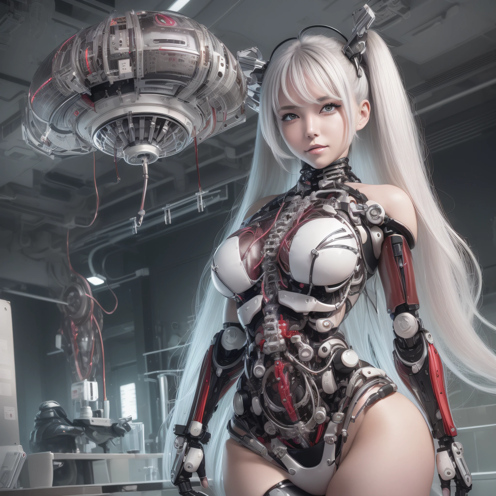 Beautiful Face,face is Japan, 1 Female, Big, Curvaceous, Top Quality, Masterpiece, Ultra Detailed, (Tube Attached Blood Vessel)((Bikini Cyborg Robot Parts)))), (Light Grey Hair), Long Hair, Wavy Hair, Twin Tails, Medium Shot, (((Seductive Smile)), (Black Eyes), Princess Cut,From Below, (whole body ),posing,,in the laboratory,( blood vessel connected to a tube),((mechanical vertebrae attached to the back)),((mechanical neck attached to the neck)),(wire cable attached to the head and body),(character focus),science fiction,
