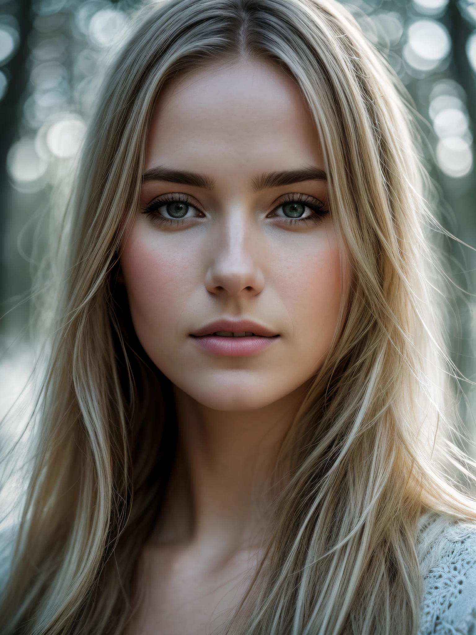 close up of a argentinian woman, blond hair, winter forest, natural skin texture, 24mm, 4k textures, soft cinematic light, RAW photo, photorealism, photorealistic, intricate, elegant, highly detailed, sharp focus, ((((cinematic look)))), soothing tones, insane details, intricate details, hyperdetailed, low contrast, soft cinematic light, dim colors, exposure blend, hdr, faded