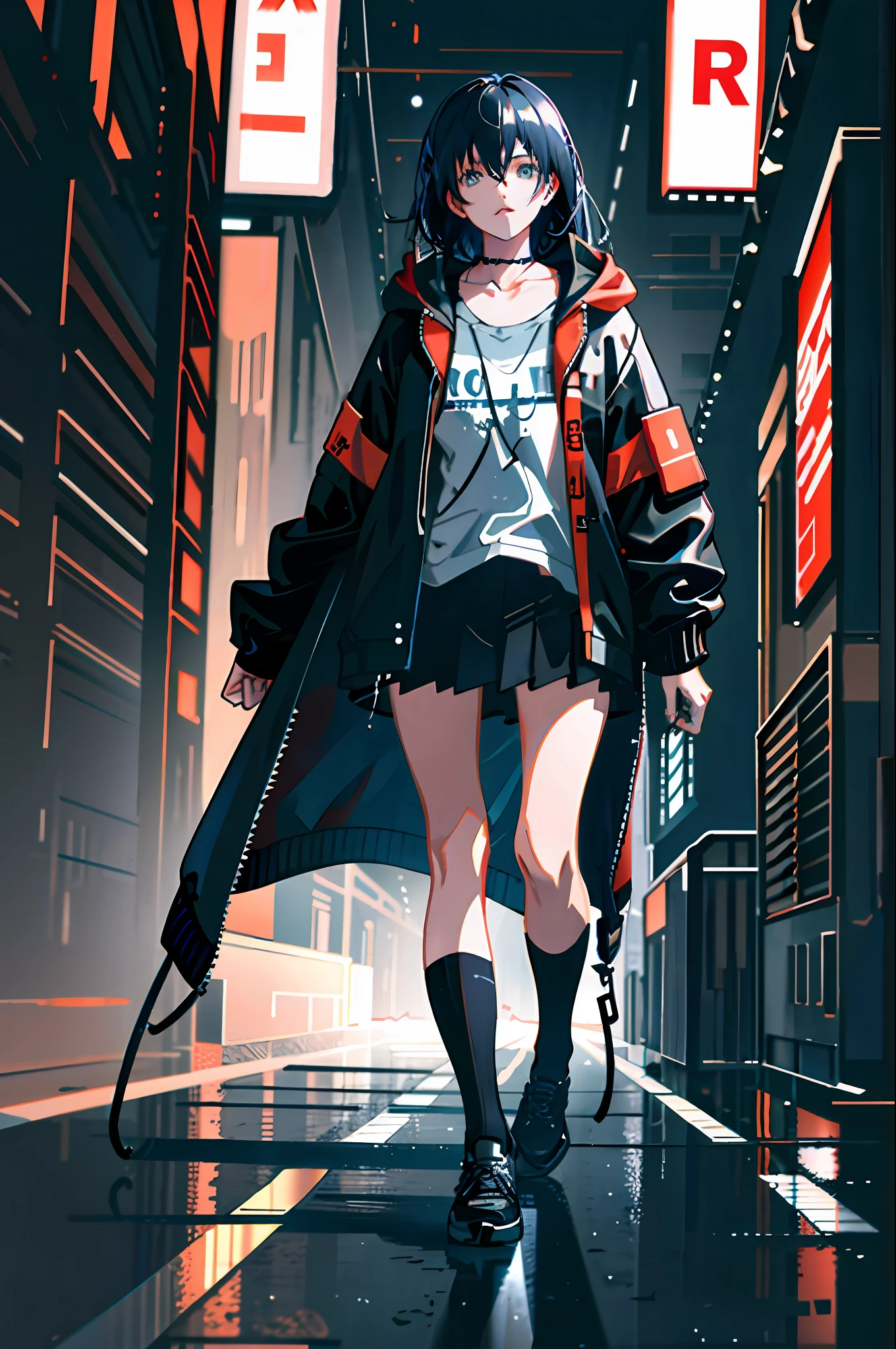 1girl, jacket, rain, outdoor, hoodie, open jacket, chain, backpack, looking at another, messy hair, trending on artstation, 8k resolution, highly detailed, anatomically correct, sharp image, digital painting, concept art, trending on pixiv, style of makoto shinkai,