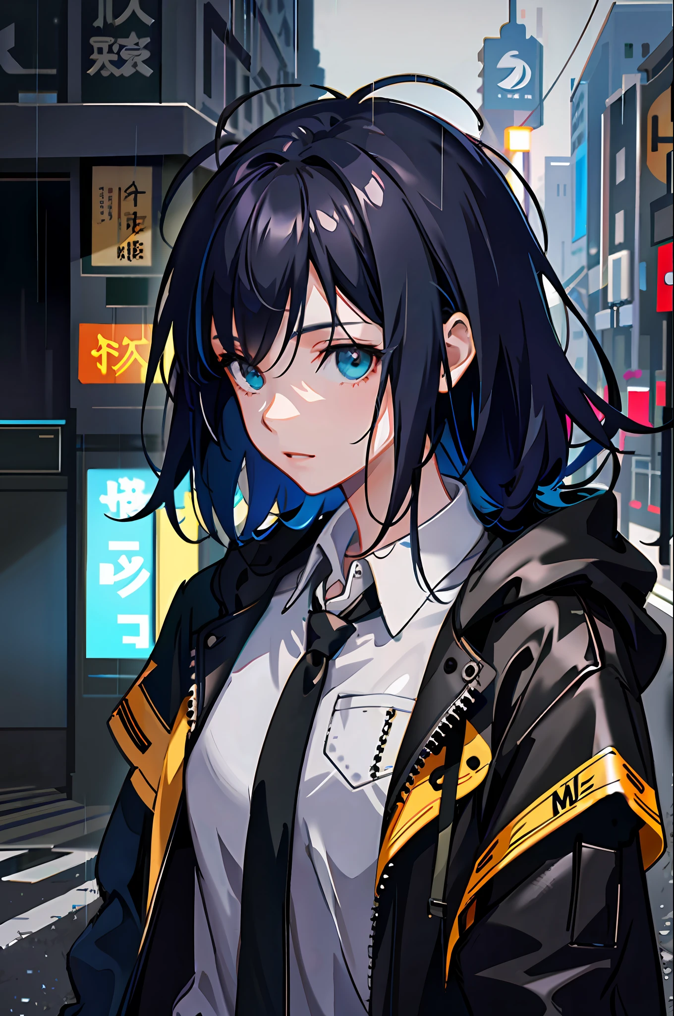 1girl, jacket, rain, outdoor, hoodie, open jacket, chain, backpack, looking at another, messy hair, trending on artstation, 8k resolution, highly detailed, anatomically correct, sharp image, digital painting, concept art, trending on pixiv, style of makoto shinkai,