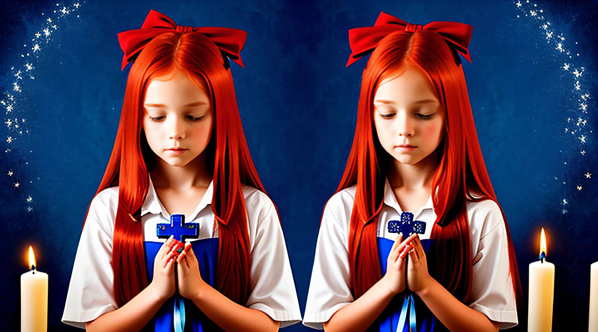 girl children redhead WITH STRAIGHT HAIR ON HEAD BLUE COLOR BOWS, PRAYING with cross in hands, RED BACKGROUND, CANDLES WITH FIRE.