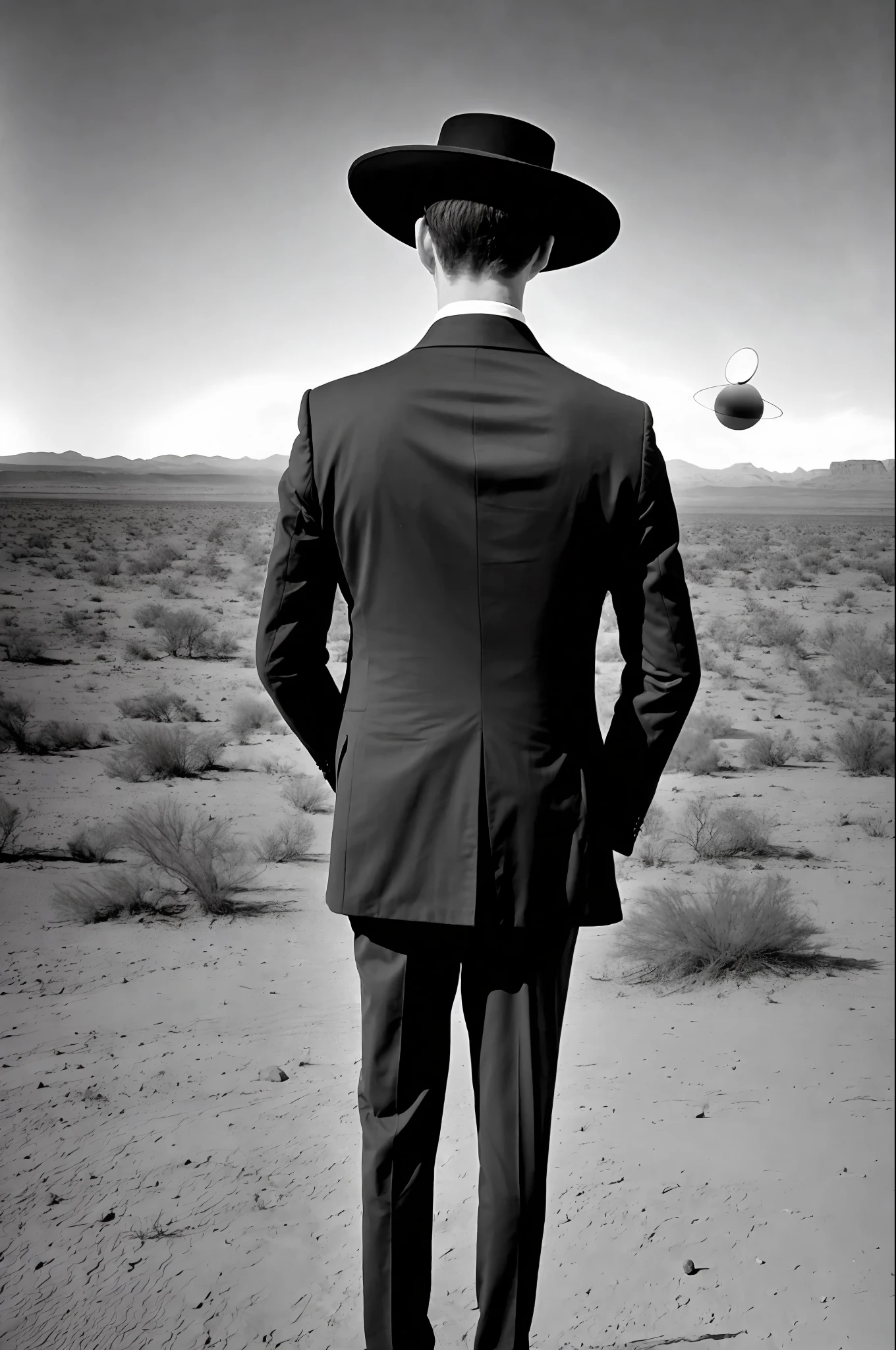 photo of a man in a suit looking at an alien, UFO, extraterrestrial, 1870s, he is in the middle of the desert, photorealistic, (Lomography Lady Grey)