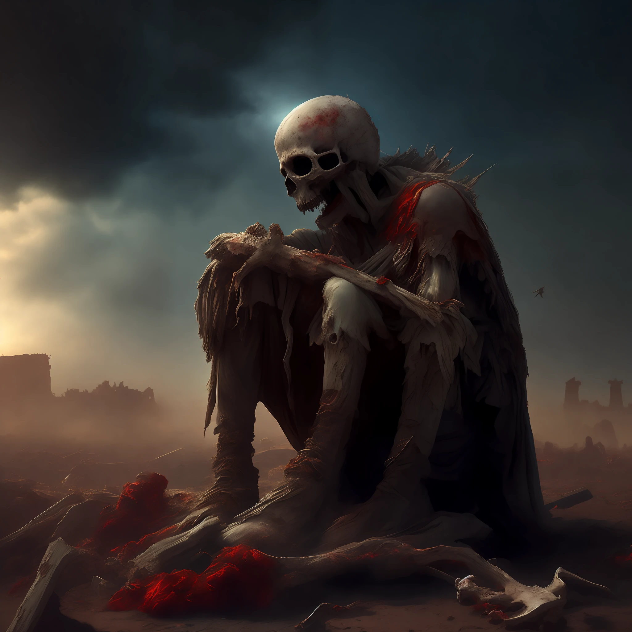 Rotting zombie with angel halo on top of head kneeling alone asking for forgiveness to heaven in the middle of a devastated battlefield, ashes, rotten, blood, bones out, fanciful, looking up, looking up at the sky, image from the side, wingless