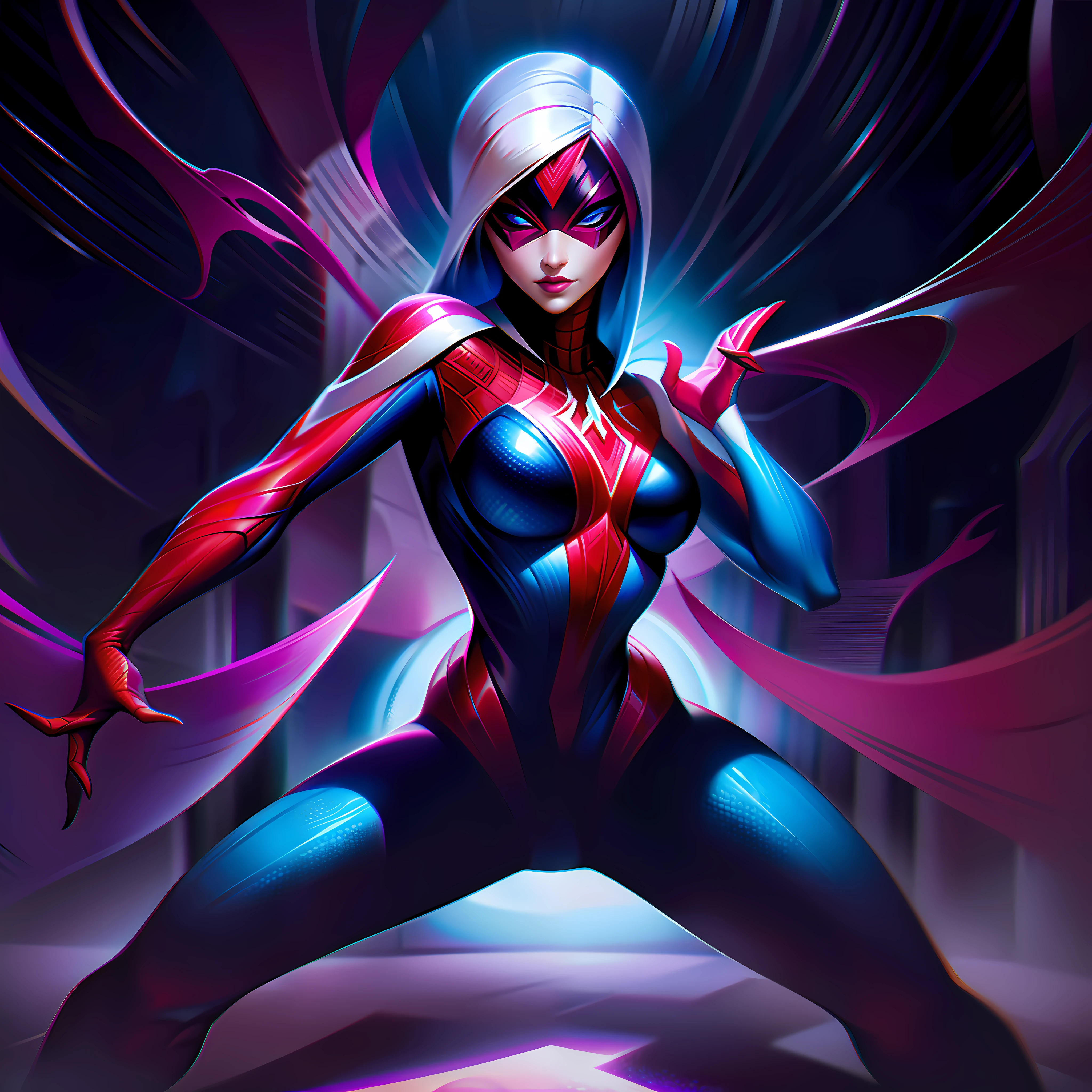 woman + gwen spiderwoman + femme fatale splashart, splashart, League of Legends splashart, art, brush stroke, masterpiece, 8k, ultra detailed, HD