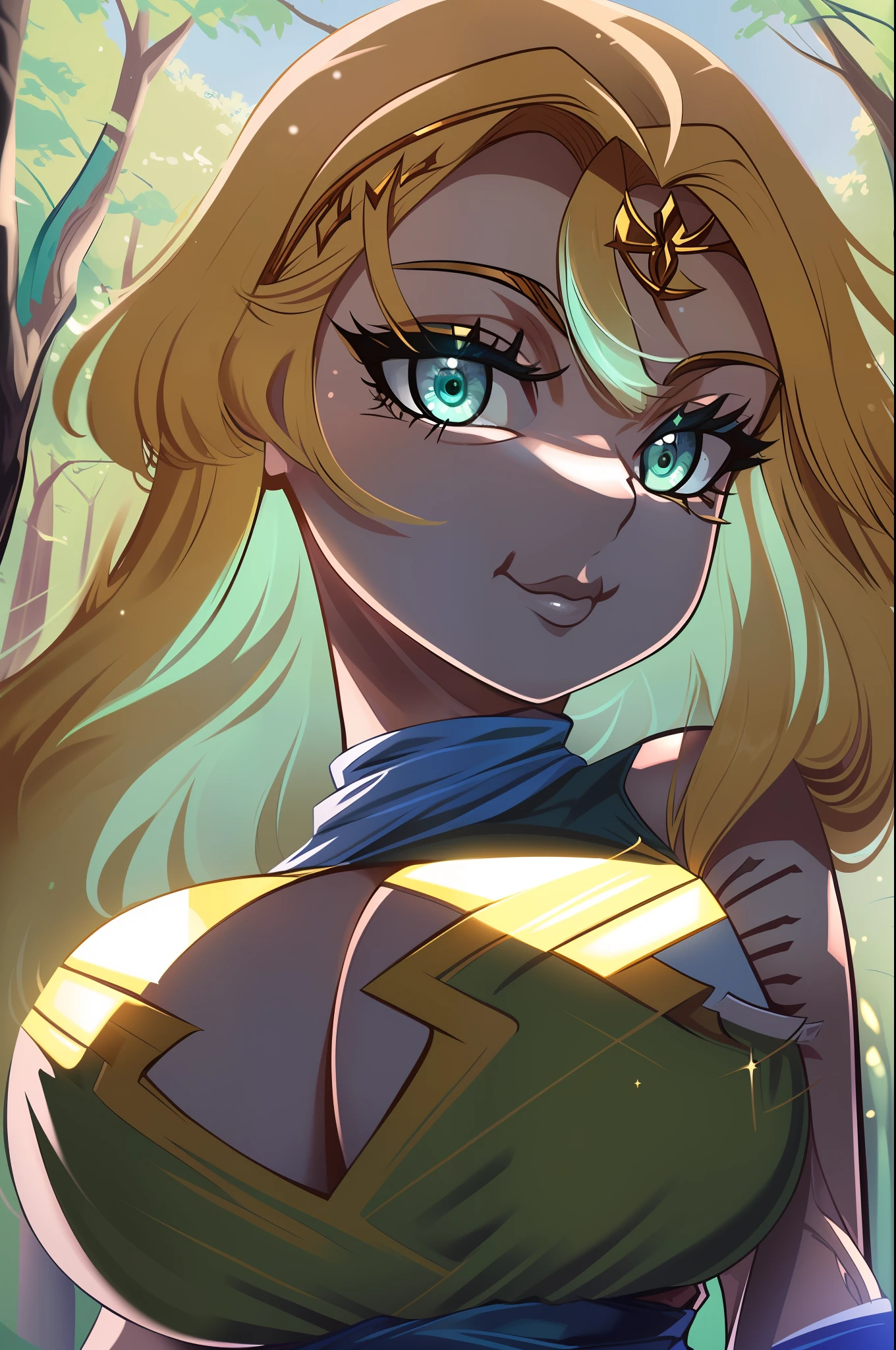 SFW(Ultra Quality,Unparalleled Masterpiece:1.4)Ethereal(Sharp Focus),Overwhelmingly Pixel-Perfect,Ultra-Detailed,Flat Vector Art,Gorgeous Elf,(Soft Features: 1.4)Detailed Face,(Solo:1.4)(1Girl: .5)(Facing Viewer:1.2)(Long Blonde Hair: 1.4)(Bangs, Sidelocks:1.2)Seductive(Halkara,Celestine Lucullus: 1.2)(Curvy:1.4)(Gigantic Breasts:1.6)(Voluptuous:1.4)(Bimbo: 1.4)(thin Waist: 1.2)(Thick Lips: 1.3)(closed mouth: 1.3)(light smile: 1.2)Rocks, Trees, Plants,(Bush:1.2)(Ultra-Detailed Vibrant Clear Mint Eyes:1.2),(hands behind back: 1.2)hiding hands(Sexy Pose: 1.4),art by wlop and ross tran(ffyy: 1.4)