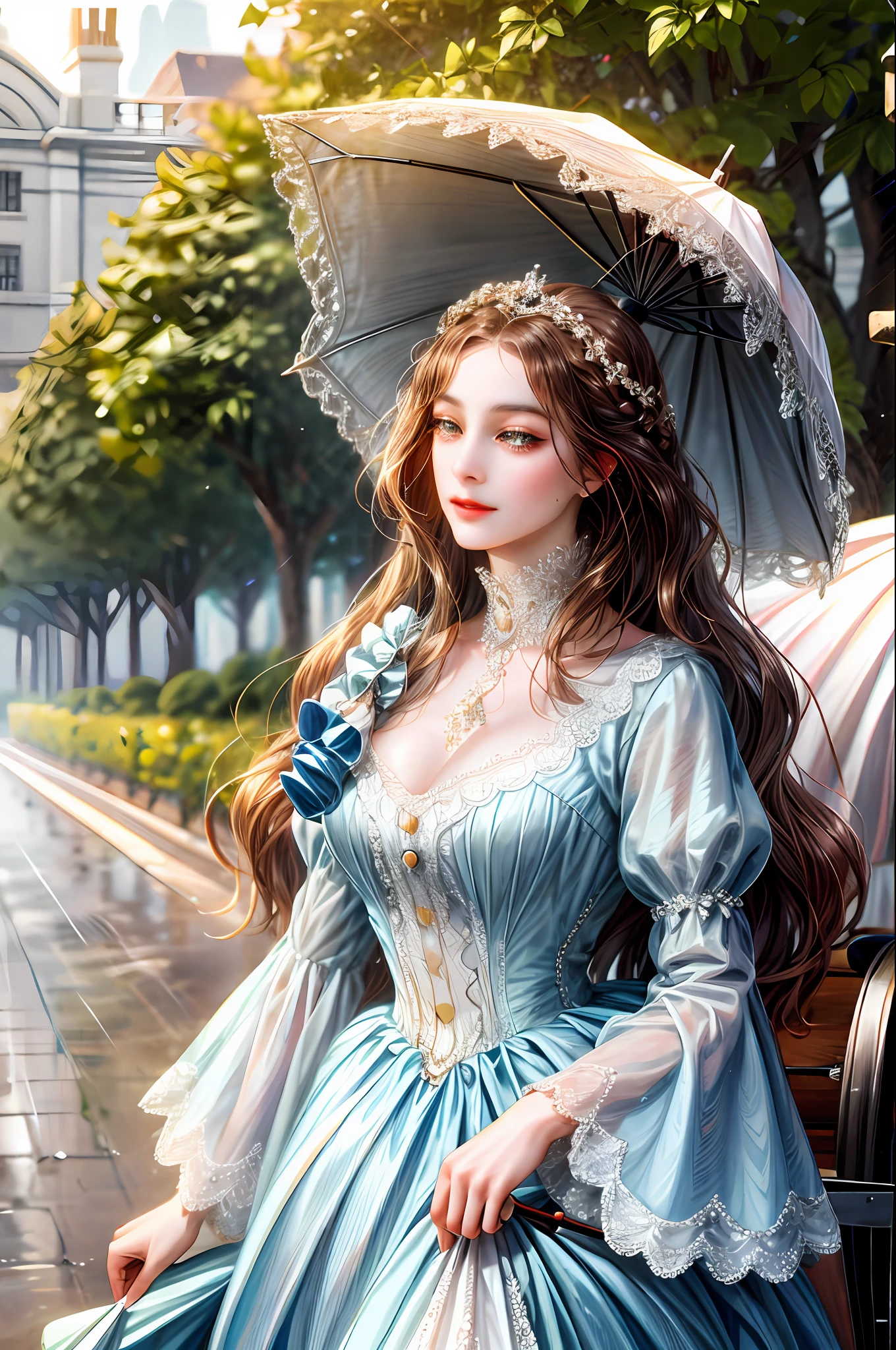 A noble lady with an umbrella to cover herself from the sun walking to her carriage