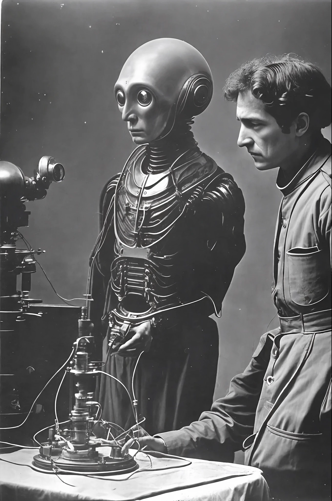 photo of a scientist looking at an alien, UFO, extraterrestrial, 1870s, he is in the hospital, photorealistic, (Lomography Lady Grey)