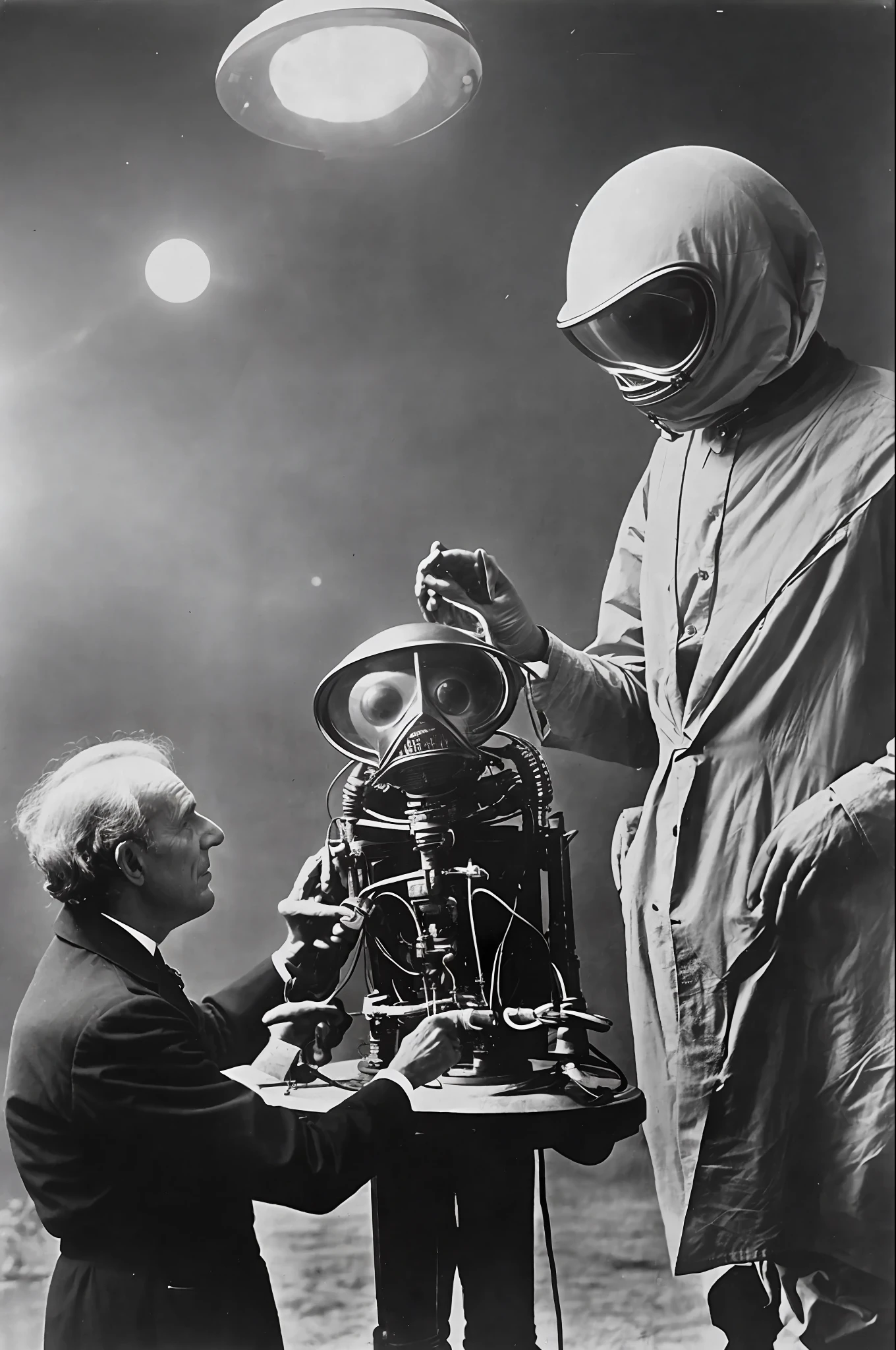 photo of a scientist looking at an alien, UFO, extraterrestrial, 1870s, he is in the hospital, photorealistic, (Lomography Lady Grey)