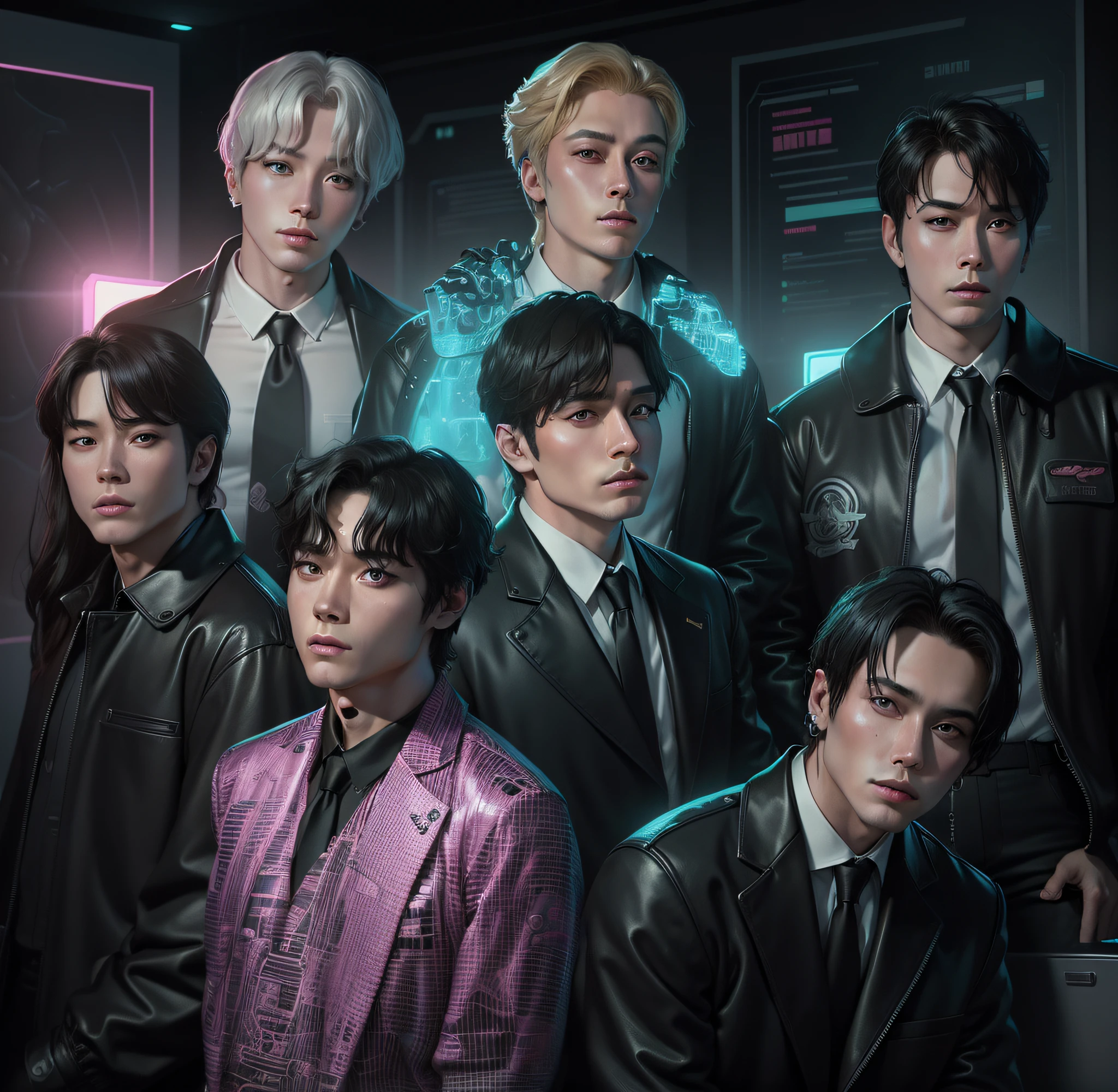 Band Bts Group style stamp vector characters realistic ,highly detailed digital painting 8k virgil finlay, sci-fi, colors, neon lights --auto --s2
