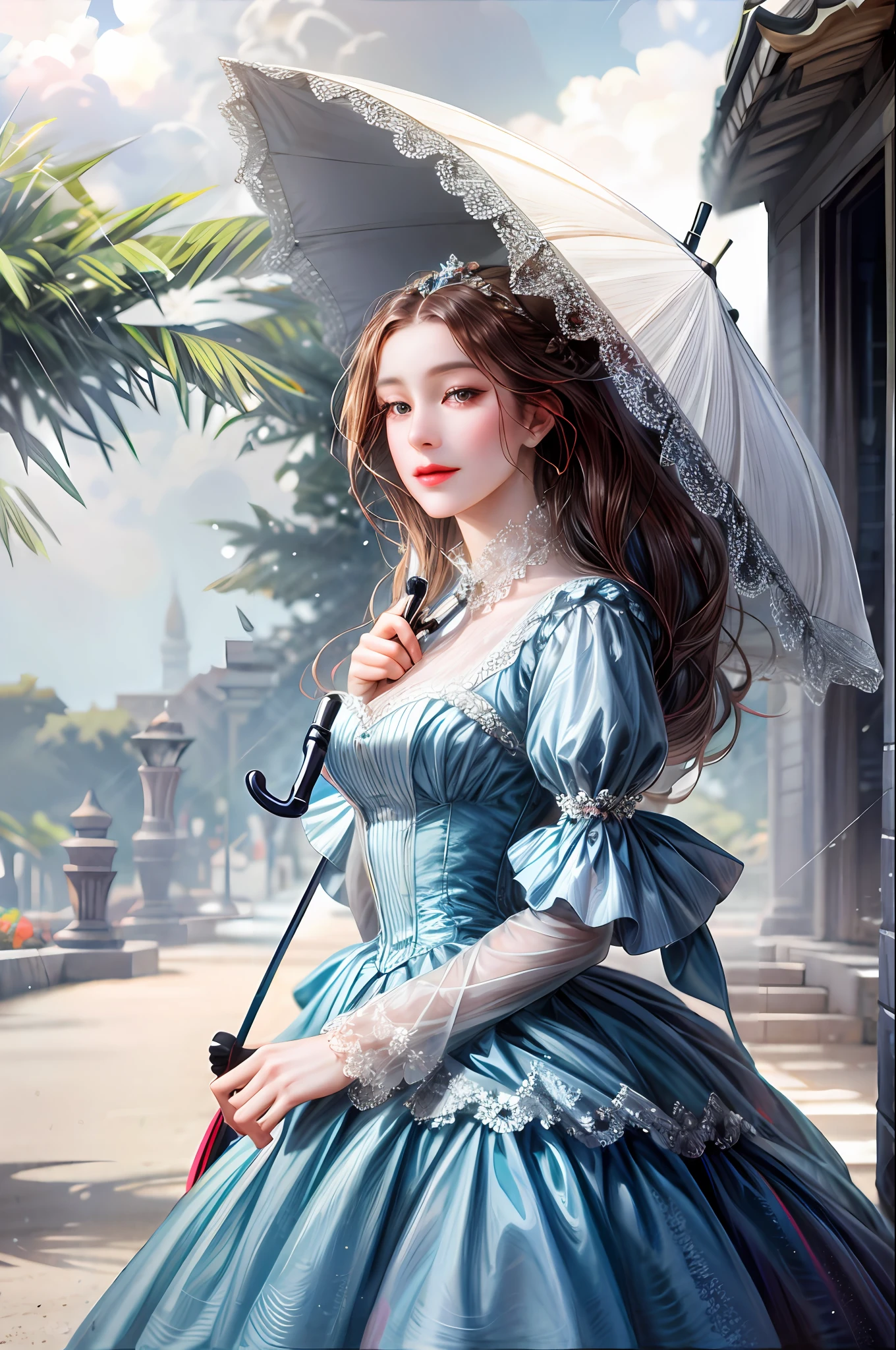 A noble lady with an umbrella to cover herself from the sun walking to her carriage