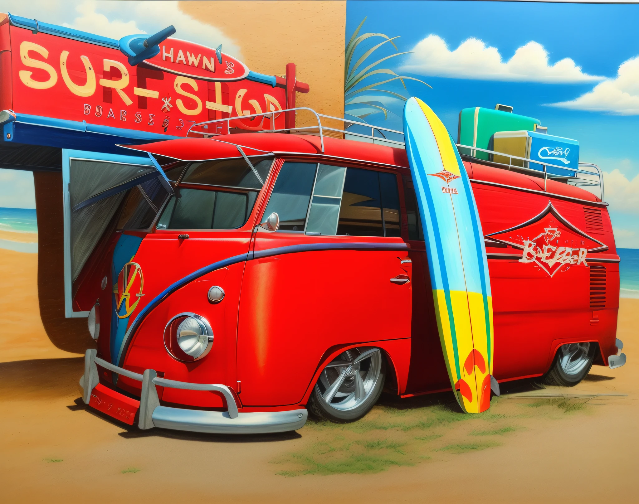 realistic painting of a red van with rusty details with a surfboard on the roof, colorful drawing, an airbrush painting, airbrush illustration, airbrush art, beautiful drawing style, bulli, colored pencil art on paper, kombi, , traditional art, artistic drawing, by Tony Sart, a colored pencil sketch, airbrush art, ✏️🎨 drawing style, 32k