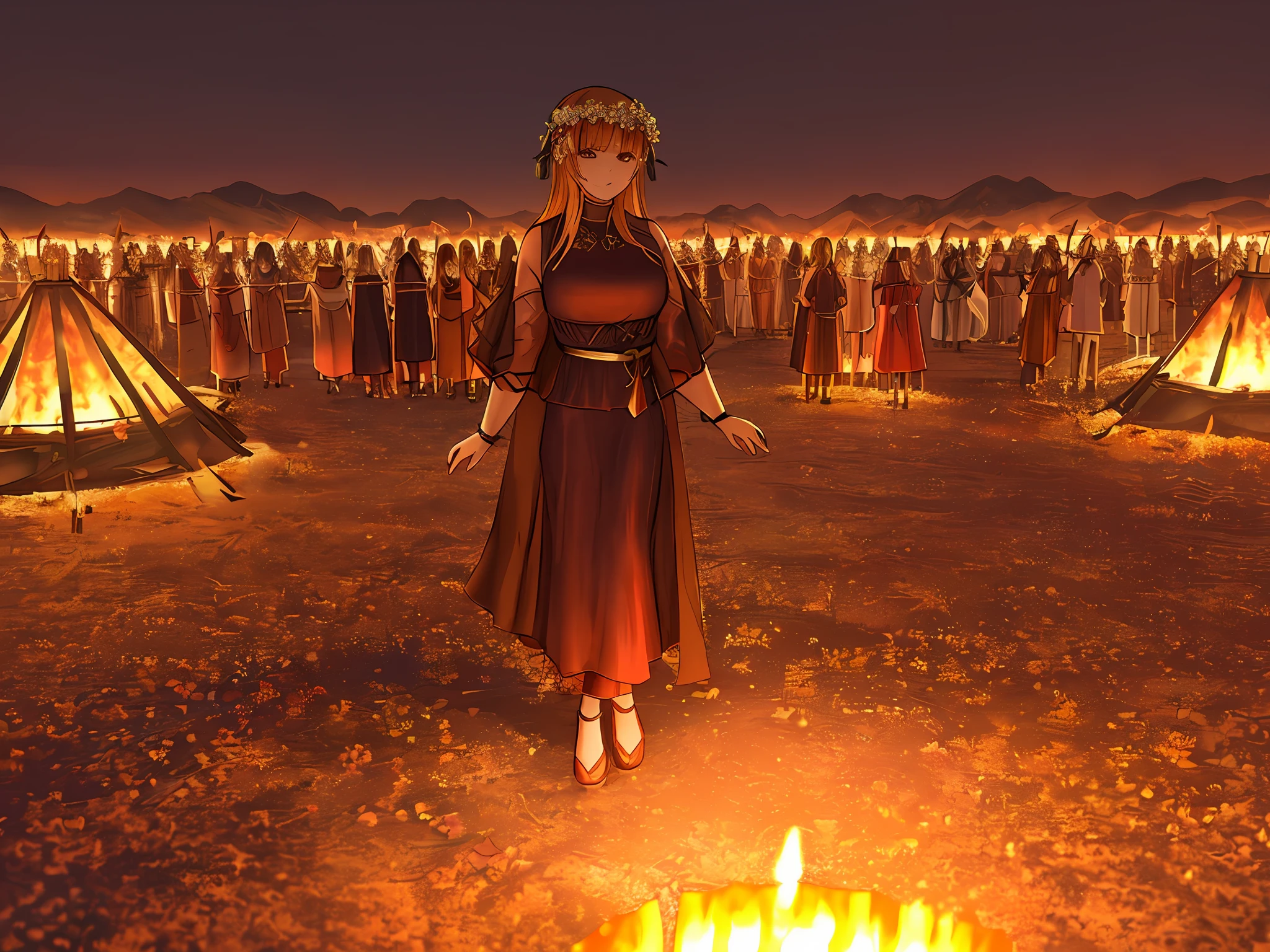 "pagan celebration:1.4, (women's dance around the bonfire in opaque silk garments adorned with flowers:1.4), illuminated by the full moon in the night sky."