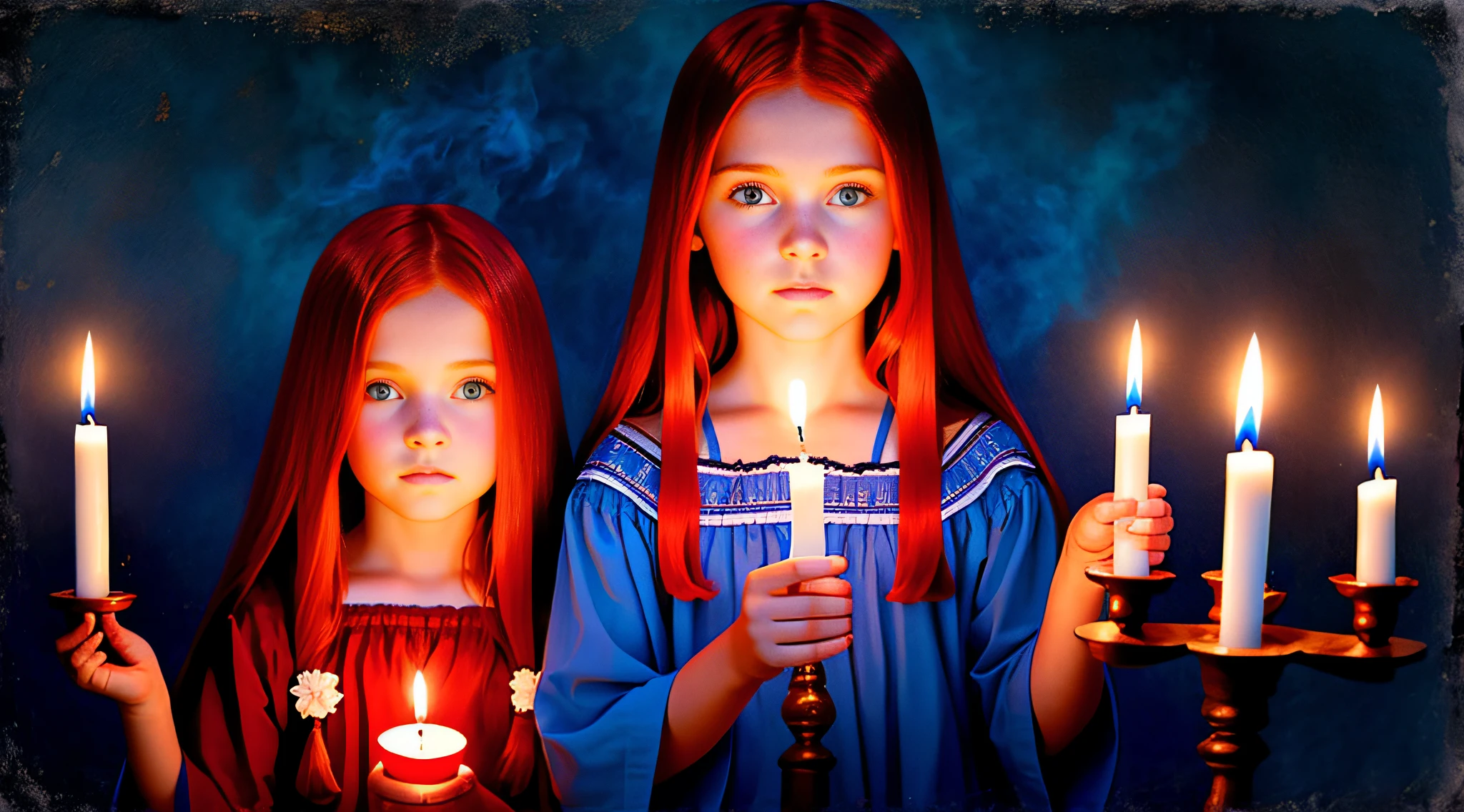 girl children redhead WITH STRAIGHT HAIR ON HEAD TIES BLUE COLOR, with cross on the palms of the hands, RED BACKGROUND, CANDLES WITH FIRE.