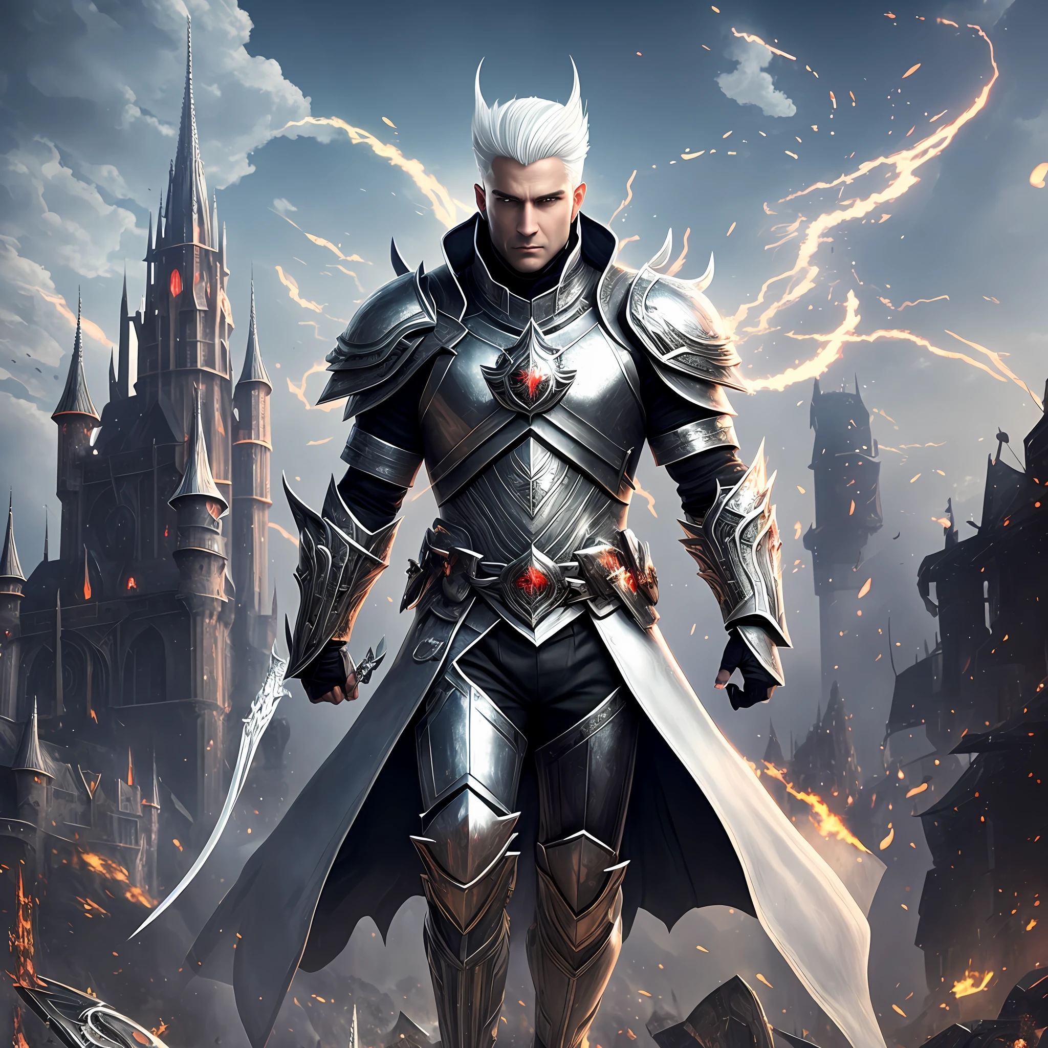 full body photo, white haired man, well defined, no beard, wearing black armor, white eyes, silver aura, not too moscule, generating magic, black fire, war, front of a castle, day, rays of sun, blood flying, ultra detailed, realism, bloom, speed lines, chromatic aberration abuse, Futurism --auto --s2