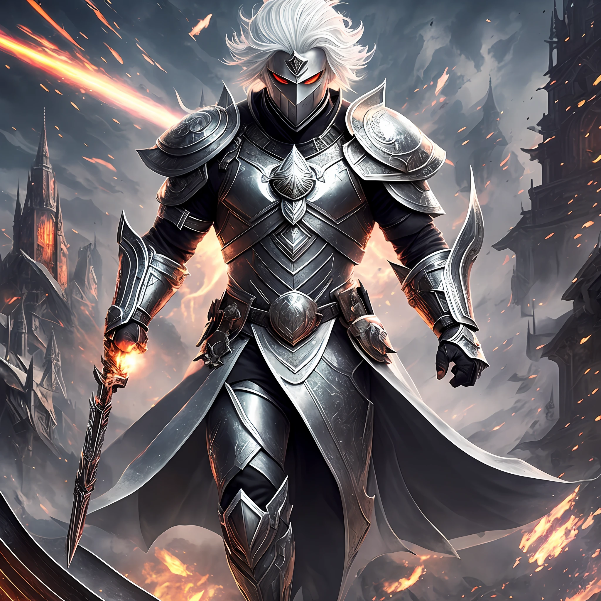 full body photo, white haired man, well defined, no beard, wearing black armor, white eyes, silver aura, not too moscule, generating magic, black fire, war, front of a castle, day, rays of sun, blood flying, ultra detailed, realism, bloom, speed lines, chromatic aberration abuse, Futurism --auto --s2