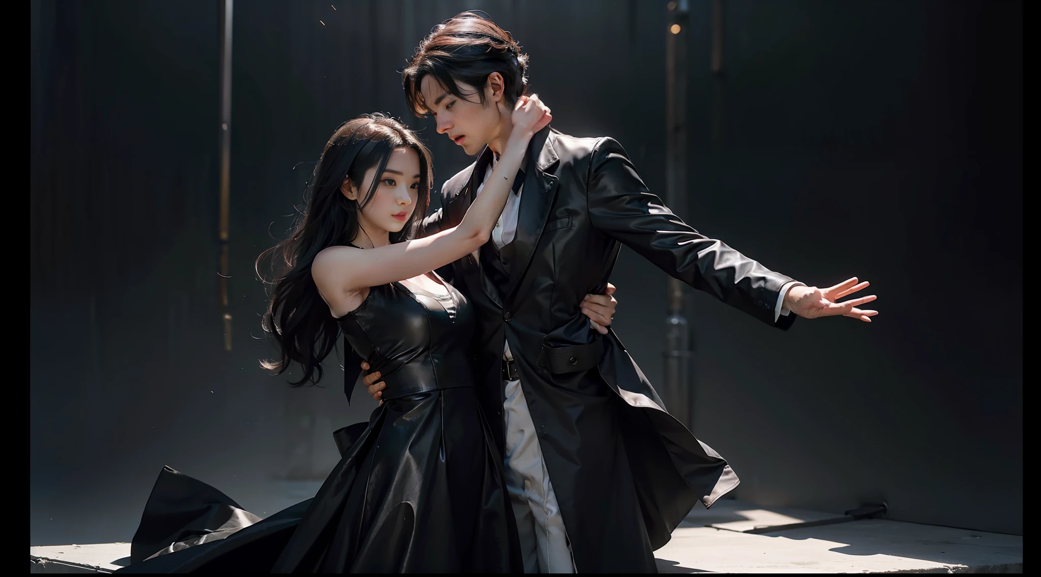 Create an image of the dance between Ana (She is dressed in a long black dress, which fits perfectly into her slender body. Her long, black hair falls in loose waves over her shoulders.) and the unknown man (His attire is understated, consisting of an impeccably lined white shirt and a black leather jacket. Her dark hair is slightly misaligned, giving her a seductive and rebellious air. His eyes, hidden by the half-light, reveal a mysterious glow and a mixture of fascination and danger.) They move in perfect synchrony, as if connected by an invisible energy. The dance steps are sensual and hypnotic, involving fluid spins and movements. The unknown leads Ana with dexterity and confidence as she indulges in the seductive rhythm of the music and the growing attraction between them.