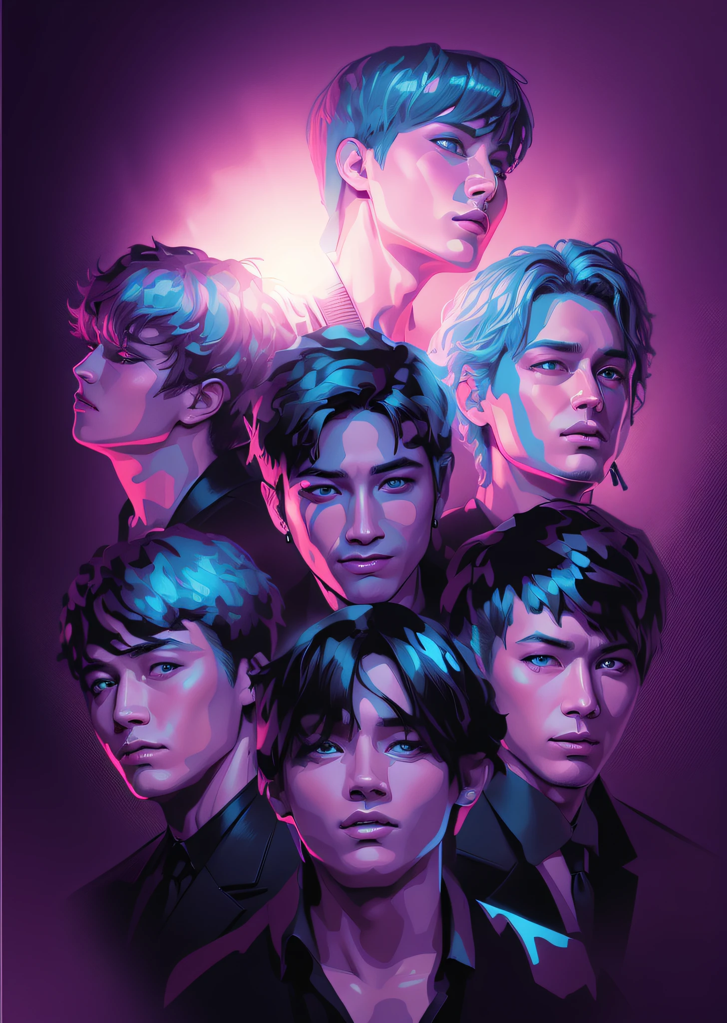 Band Bts Group style stamp vector characters realistic ,highly detailed digital painting 8k virgil finlay, sci-fi, colors, neon lights --auto --s2