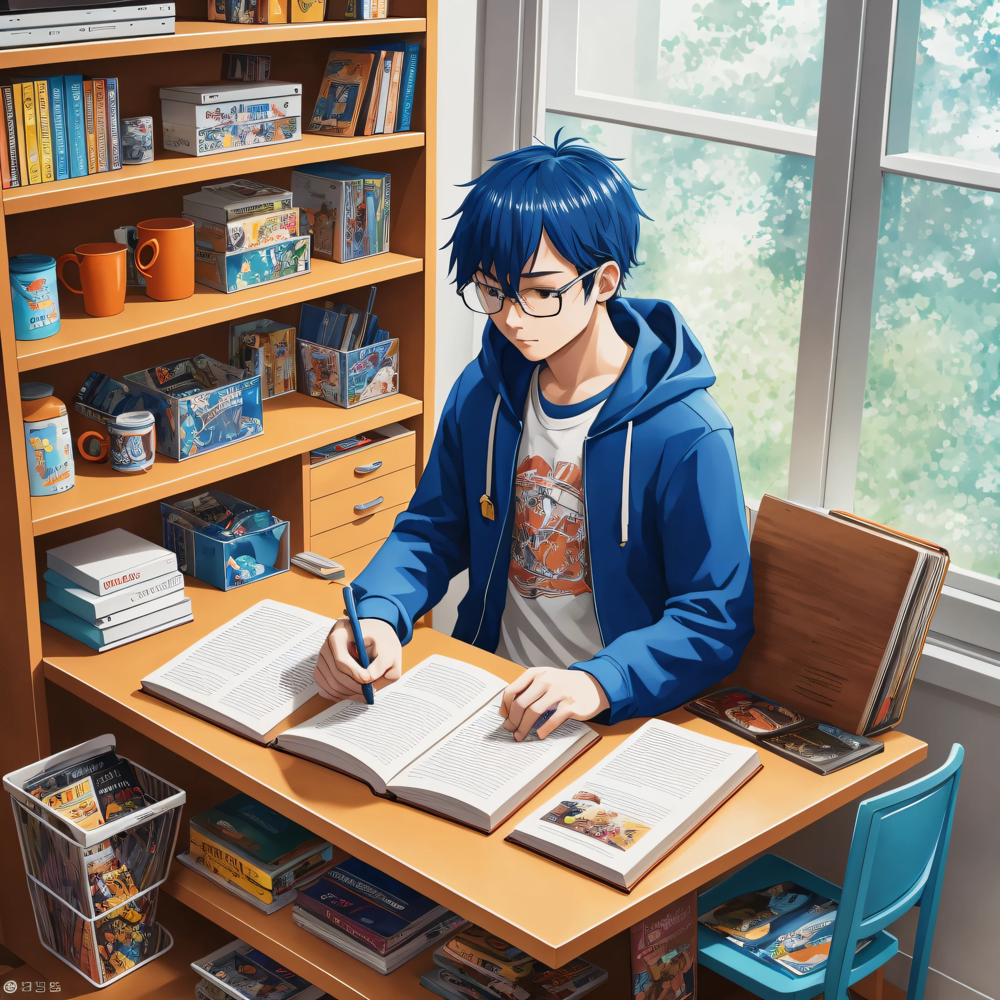masterpiece, best quality, ultra-detailed, illustration, 1boy,hair,blue,sleep, solo, bright, reflective, study suit, voluptuous,, lofi album art, lo fi, lofi, lofi artstyle, lo-fi, lo-fi, lofi art, lofi girl, lofi aesthetics, lofi hip hop, lofi portrait, lofi colors, lo fi colors, lo-fi art, official fanart, body, sitting, detailed, messy, room, colors, lofi, sapatenis, black,  red, silver, metallic, glasses, equipment, notebook, books, pencils, backpack, posters, calendar, coffee mug, dirty, countertop, storage, shelves, boxes, cabinets, sloppiness, cat, orange, pop fashion, anime --auto --s2