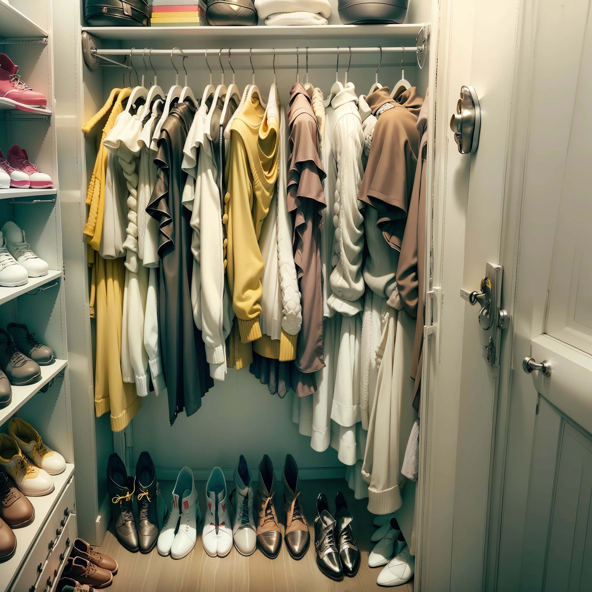 (((closet filled with female clothes and shoes))), (((no people))), ((white turtleneck sweater)), ((yellow sweatpants)), ((black boots))