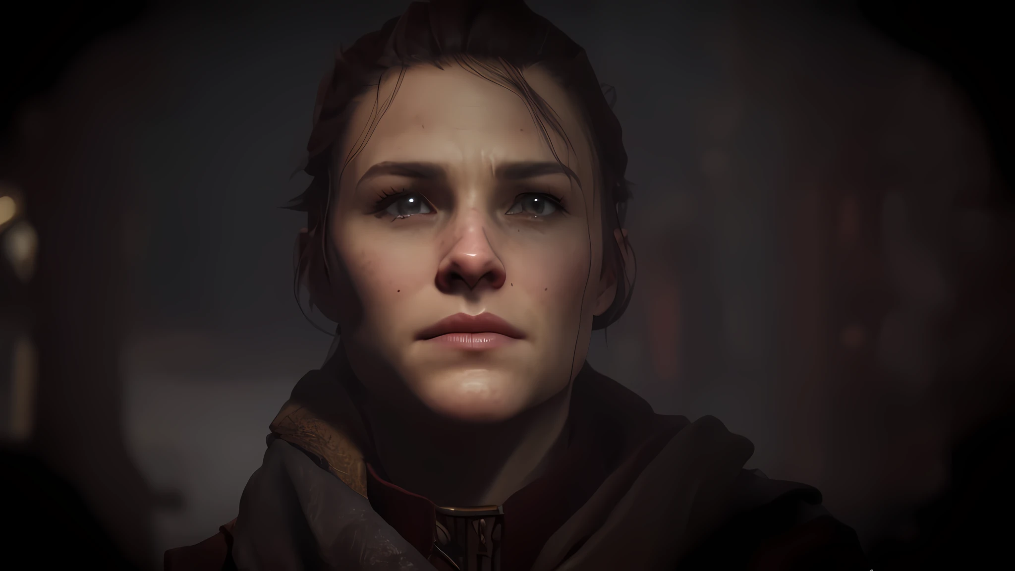 a close up of a woman with a hoodie looking at the camera, ps5 cinematic screen capture, in-game cinematic, cinematic realistic portrait, female character, solo female character, ps 4 in - game cinematic, female lead character, realistic face moody lighting, character close up, ultra detailed content : face, 8k portrait render, jedi fallen order teaser