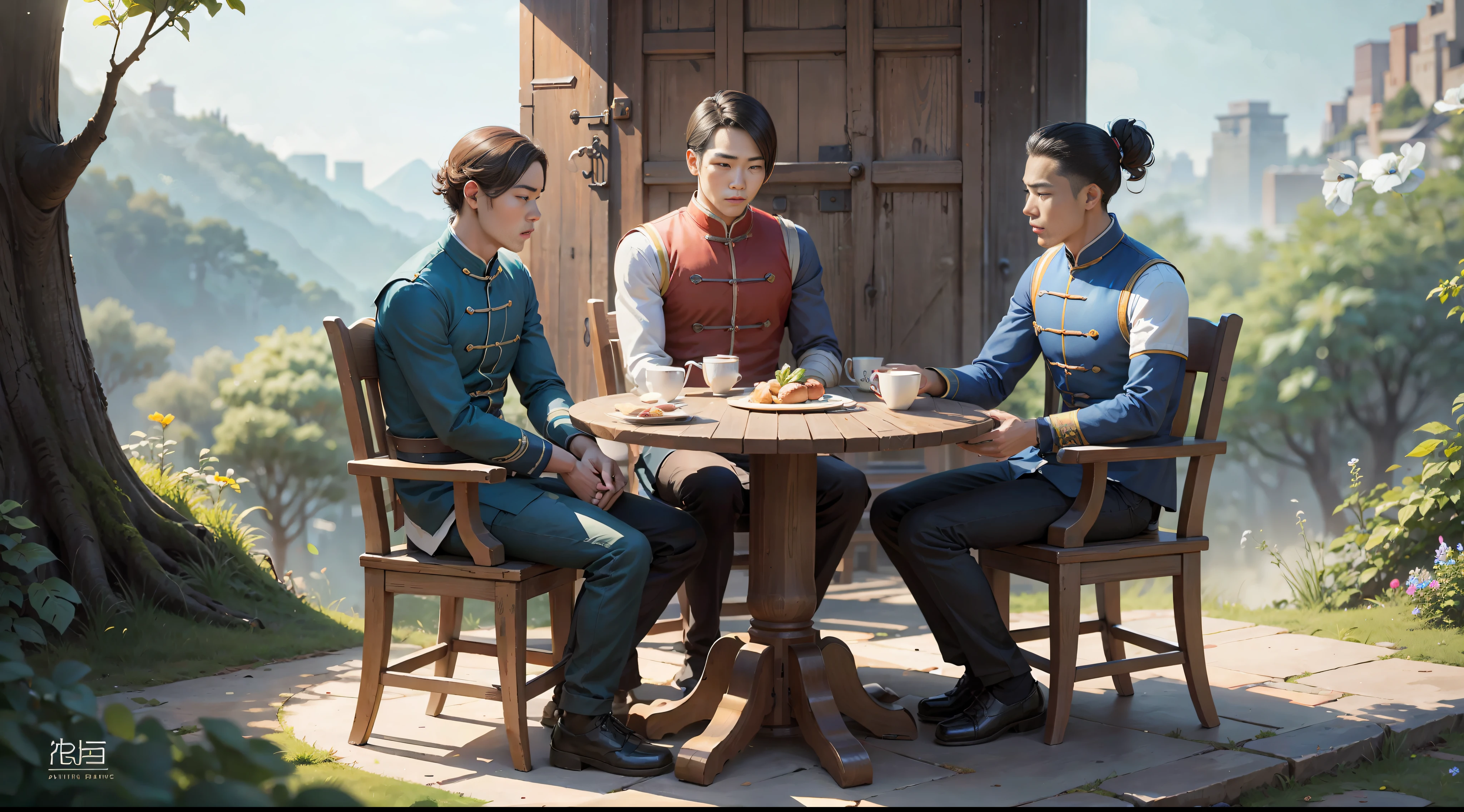 4 men sitting, one in the center, are chinesices