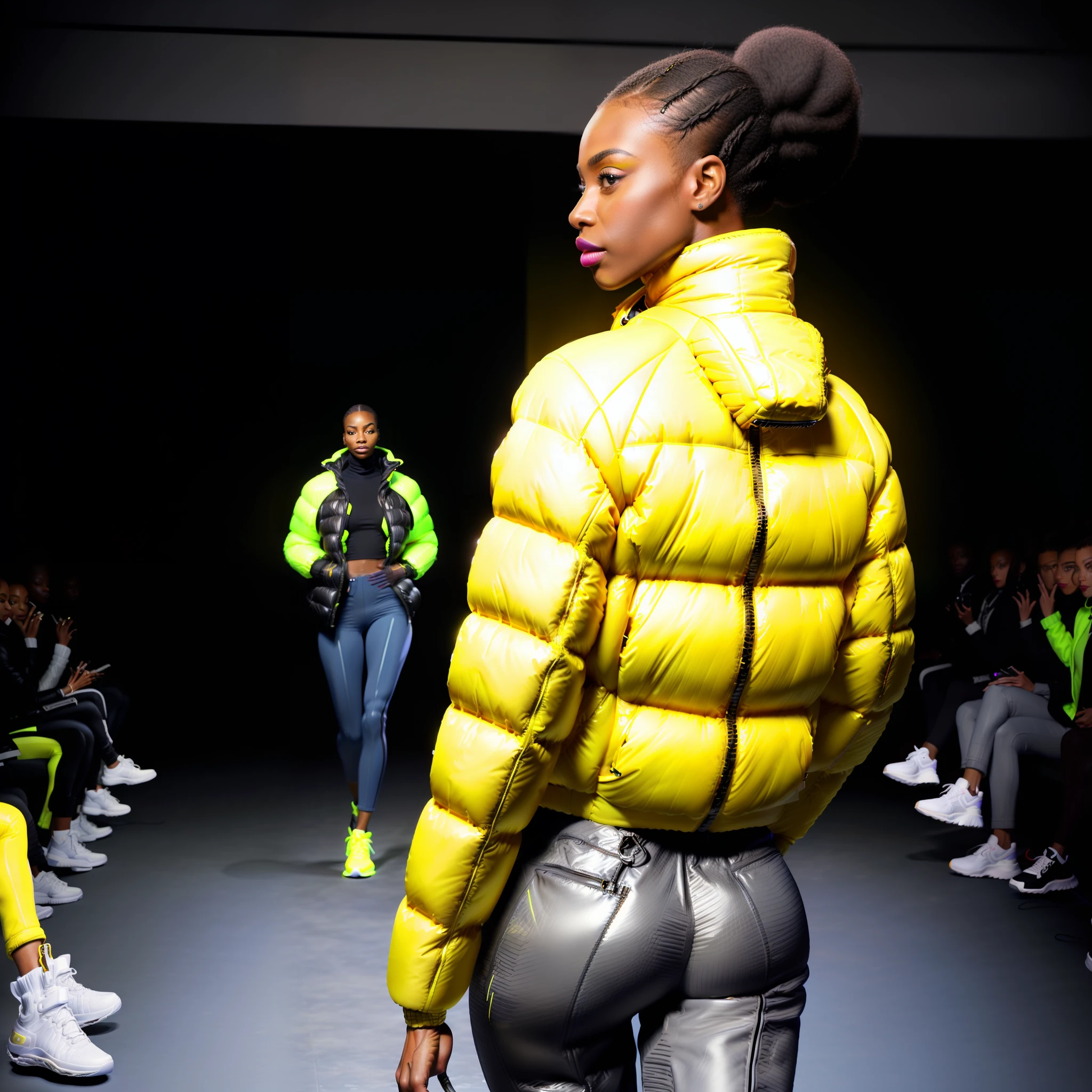 ((( an ultra realistic model))) ((posing, full body, back,looking back, end of catwalk))),((legs slightly apart)) (solo on the catwalk), with perfect Kenyan African facial features, ultra realistic skin, skin pores, afro hair, braided, ultra detailed in hd, with confident expression, wearing (((Balenciaga puffer style jacket oversized:1.5, ultra definition))) purple pants, turtleneck shirt, modern sneakers, (((yellow jacket:1.5, vivid color, neon,))), posing at the end of the runway, with his back looking at the camera,(bring high fashion show environment, perfect audience,ultra realistic), best quality, superior quality, image masterpiece, high resolution image