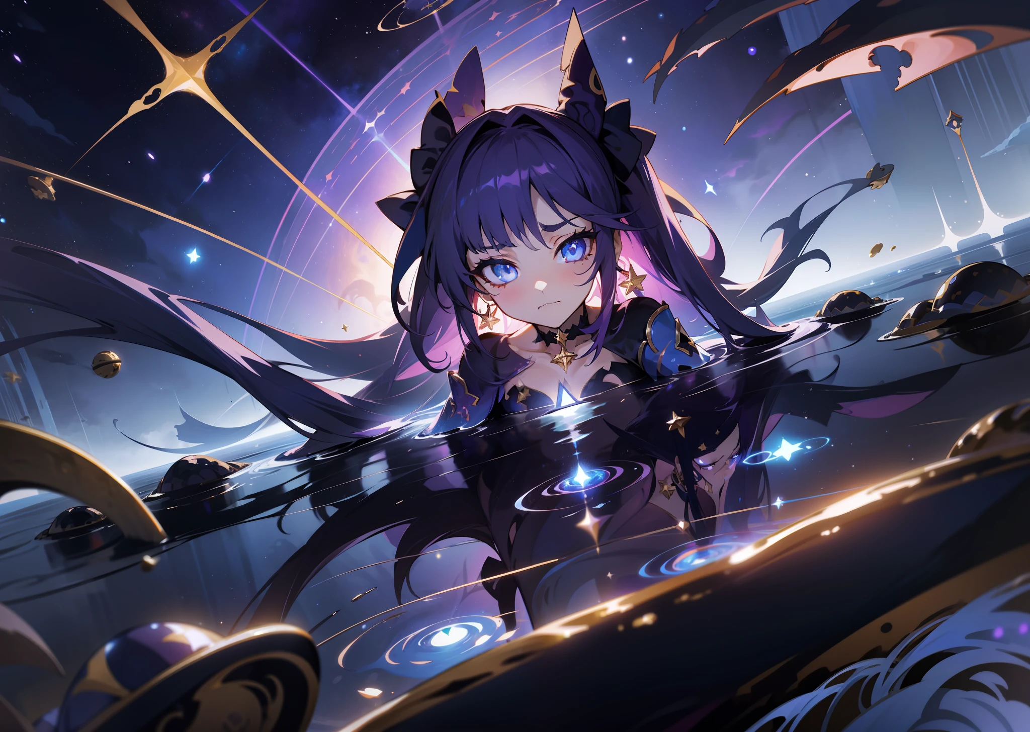 (1 girl), illustration, Mona \(Genshin Impact\), choker, star \(symbol\), witch, blue eyes, shining eyes, dark purple hair, tails, two tails, earrings, gold jewelry, sad face, sadness, sadness, sexy, landscape, night, reflection, water, magic, drowning, tragedy, radiance, space, star explosion, tarot, deep sea, glow