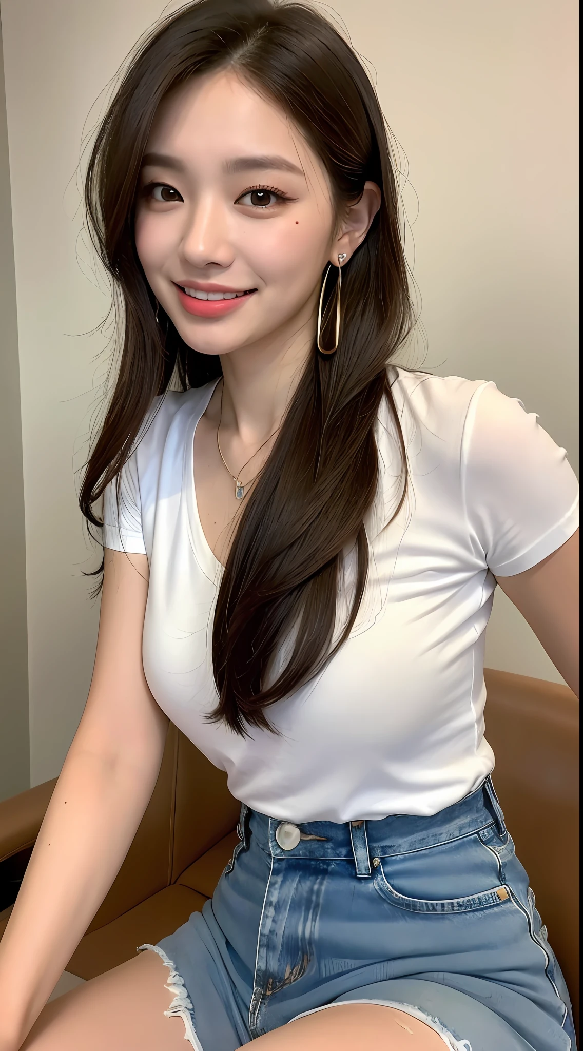 ((Best Quality, 8K, Masterpiece: 1.3, 1girl, Beautiful Girl, Ultra-detailed face and skin texture, Detailed Lips, Detailed Tongue, Dynamism)), Photorealistic, raw photo, natural lighting、( dark rust colored smooth long hair), big, toned abdomen, big round buttocks, double eyelids, brown eyes, moist lips, large earrings, simple necklace, moles around the eyes, (sitting in a beauty salon), white t-shirt, denim skirt, smile: 2.0, wide open mouth, turn around