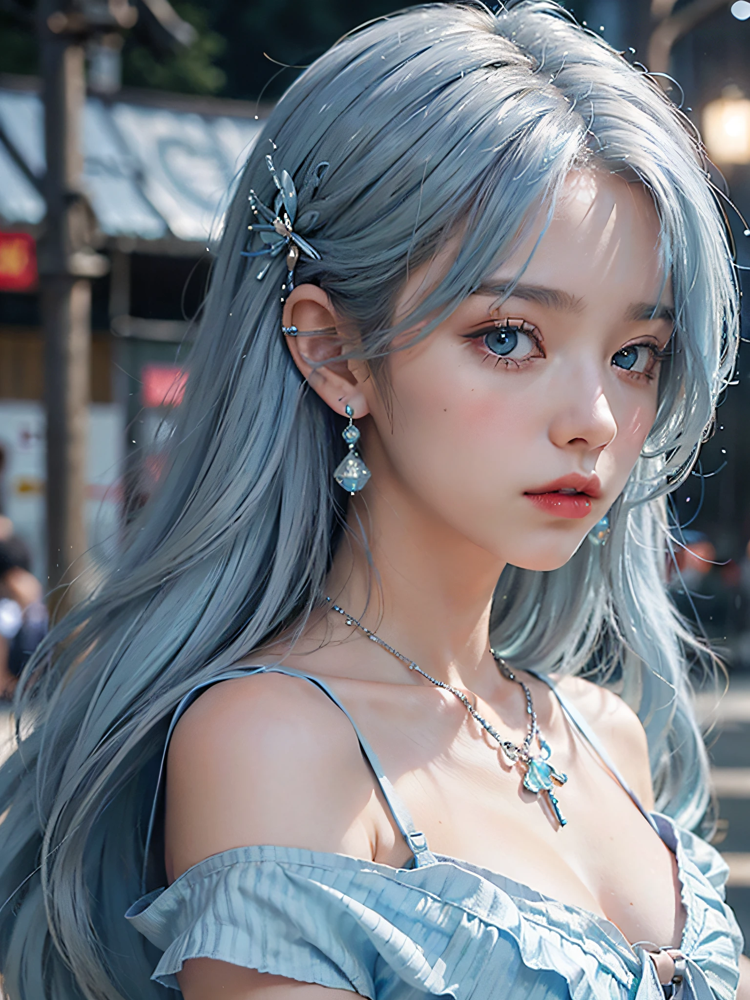 (masterpiece:1.4), (best quality:1.4), realistic, 1gril, solo, ((powder blue gradient hair)), hair accessories, long hair, blue eyes, collarbone, portrait, red lip, cleft lip, (cleavage, pleated skirt), small breast, blue nails, necklace, earrings, fashi-girl, looking at the audience, professional lights, night, rain, outdoors,